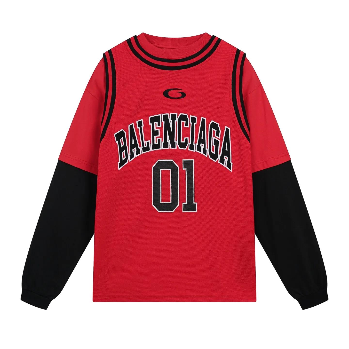 🅿️330 - BALENCI*GA Paris basketball jersey fake 3-piece long-sleeved T-shirt. The front panel is made of imported Tajima machine patchwork, embroidery and printing. The back panel is printed. The vest is made of mesh. Overweight process. Restore brick cabinet. Exclusively pattern-woven and dyed 280g fabric. Threads are custom-dyed in the same cylinder with zero color difference. The version adopts OS loose shoulder design. Welcome to compare. Same style for men and women -Color: black red -SIZE: Xs S M L style number 8641#