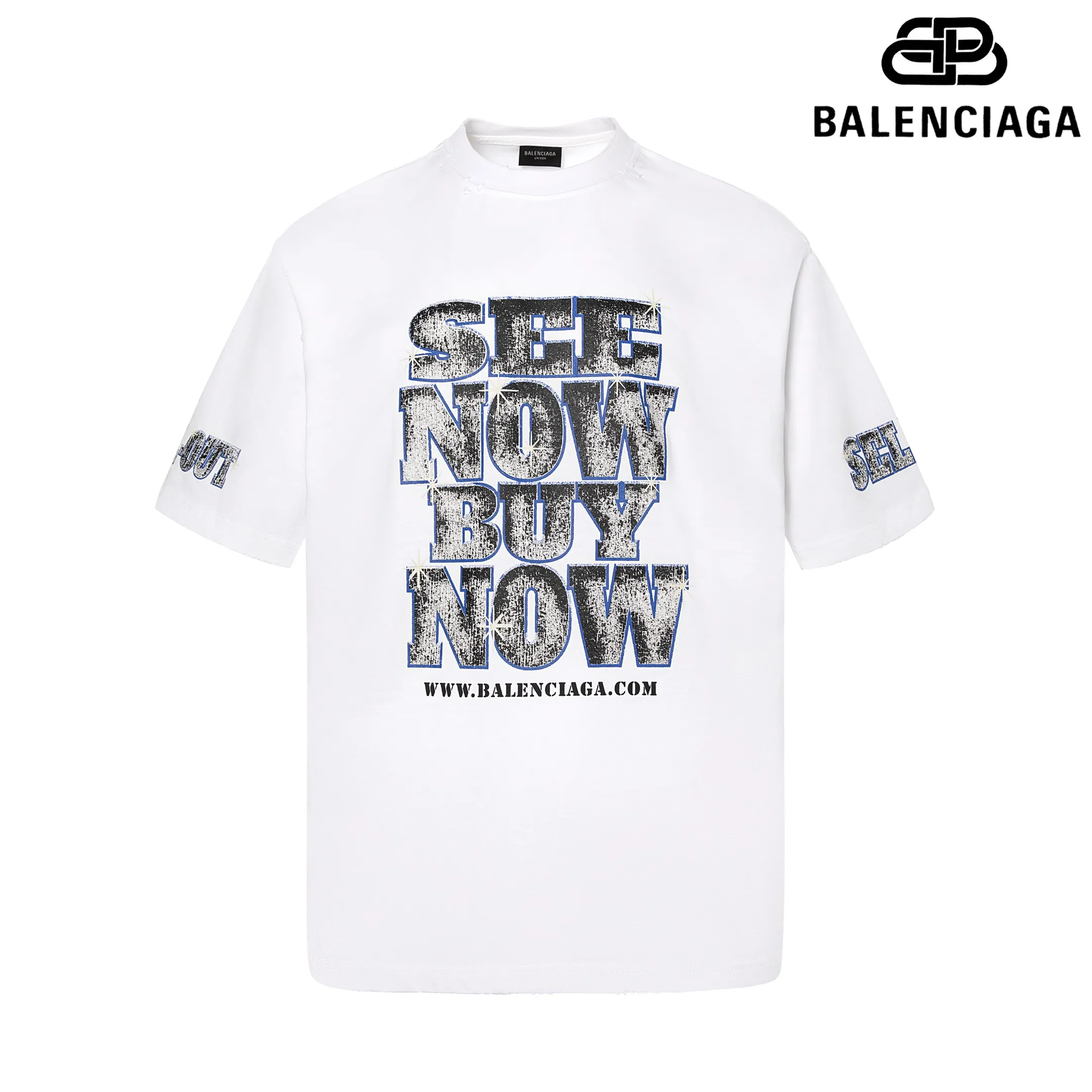 🅿️180 9126# Detailed picture Top version [[BALENCIA*GA] official website quality Paris new co-branded SEENOWBUYNOW diamond short-sleeved T-shirt OS version Loose dropped shoulders Unisex style Fabric: 260g 100% cotton double yarn Craftsmanship: front and rear panels left and right sleeve printing Garment wash worn distressed fixed color Color: washed black washed blue white Size: XS S M L