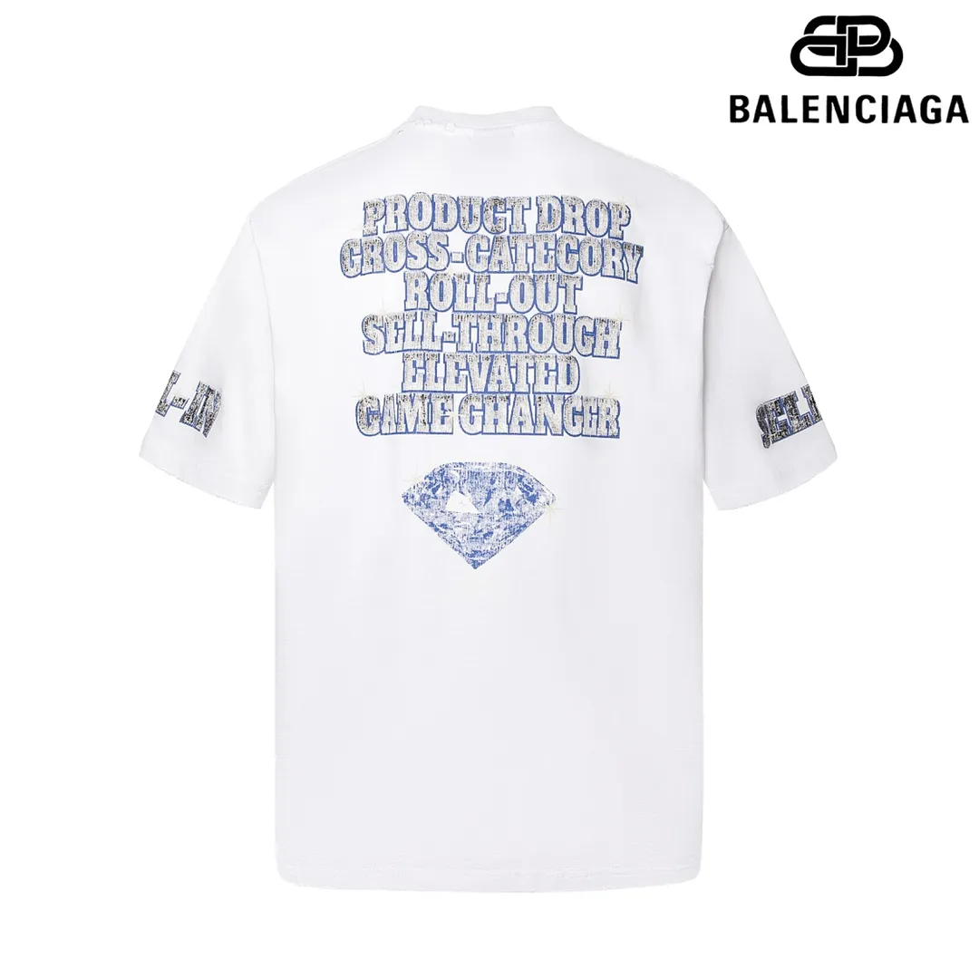 🅿️180 9126# Detailed picture Top version [[BALENCIA*GA] official website quality Paris new co-branded SEENOWBUYNOW diamond short-sleeved T-shirt OS version Loose dropped shoulders Unisex style Fabric: 260g 100% cotton double yarn Craftsmanship: front and rear panels left and right sleeve printing Garment wash worn distressed fixed color Color: washed black washed blue white Size: XS S M L