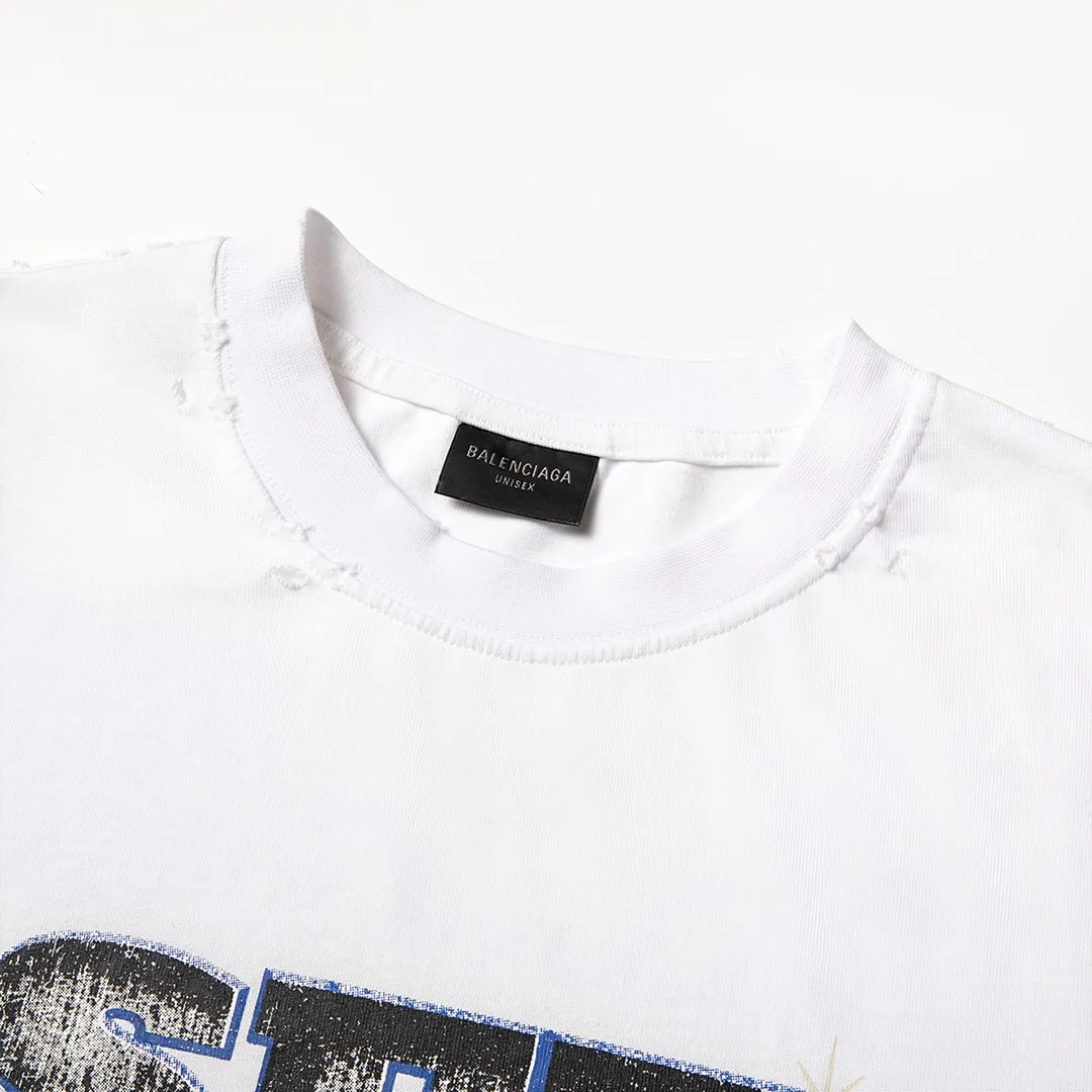 🅿️180 9126# Detailed picture Top version [[BALENCIA*GA] official website quality Paris new co-branded SEENOWBUYNOW diamond short-sleeved T-shirt OS version Loose dropped shoulders Unisex style Fabric: 260g 100% cotton double yarn Craftsmanship: front and rear panels left and right sleeve printing Garment wash worn distressed fixed color Color: washed black washed blue white Size: XS S M L