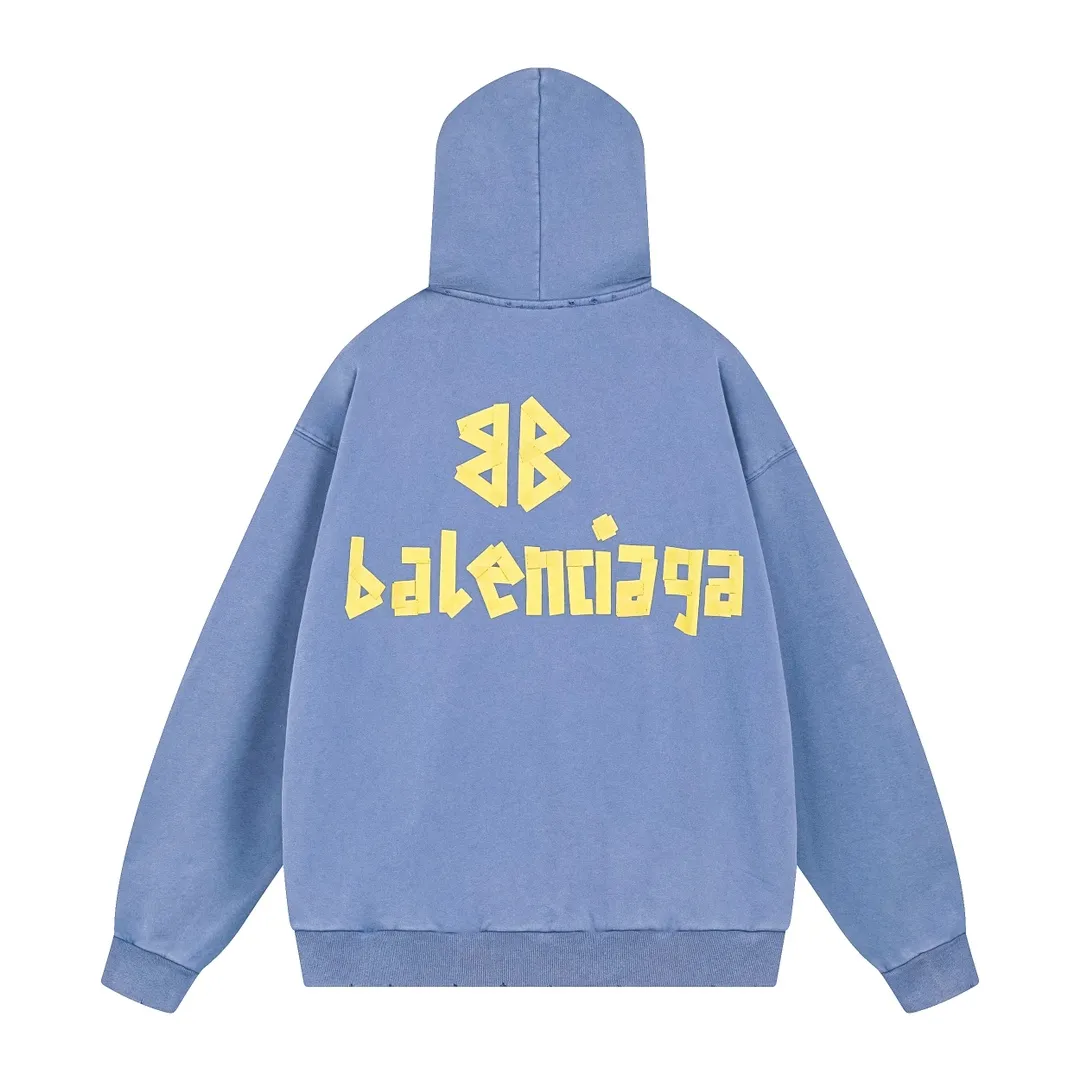🅿️420 - BALENCI*GA 24ss Paris hot-selling tape hooded sweatshirt. The front and back panels are printed with tape direct printing. Many hand-made grinding. The ready-made clothes are washed and worn. The cloth surface is clean. The cloth pattern is clear, super heavy work. Soft and comfortable. Exclusively pattern-woven and dyed 450g fabric. Threads are dyed in the same vat with zero color difference. Different from the market currency. The version adopts os loose shoulder version. Welcome to compare, same style for men and women. -Color: Iron gray blue, Paris blue, washed black, burgundy, fluorescent yellow, green, khaki -SIZE: XS S M L style number 8912#