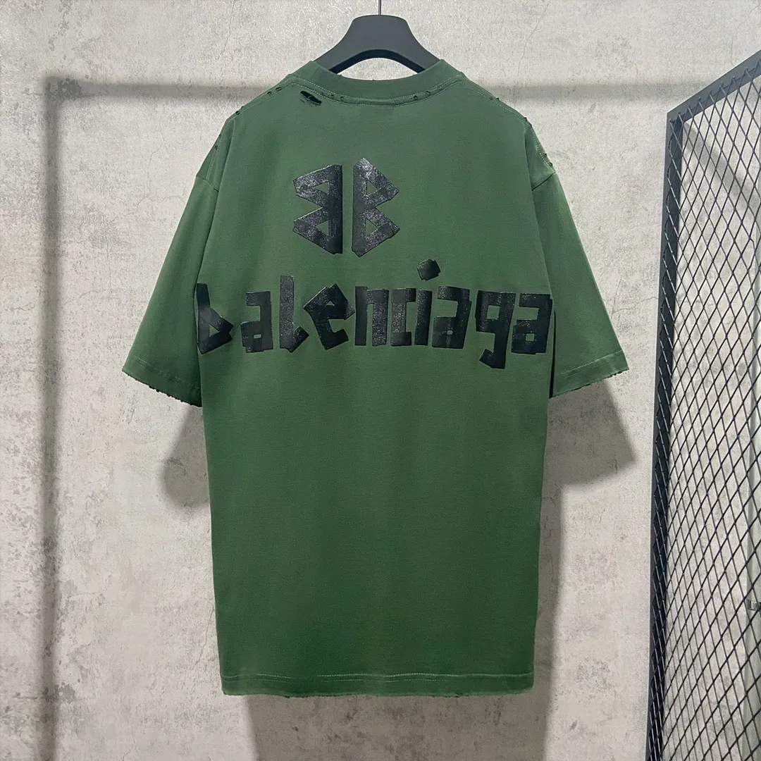 🅿️180 9110# Actual photo top version [[BALENCIA*GA] official website quality Paris new yellow tape bandage digital direct spray short-sleeved T-shirt OS version loose dropped shoulders Unisex style Fabric: 260g 100% pure cotton double yarn Process: front and rear digital direct spray garment wash worn distressed fixed color Color: gray blue white washed blue burgundy green Black silver rose red khaki Size: XS S M L