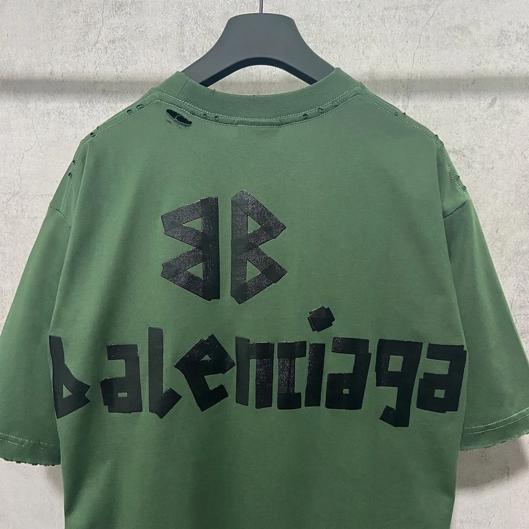 🅿️180 9110# Actual photo top version [[BALENCIA*GA] official website quality Paris new yellow tape bandage digital direct spray short-sleeved T-shirt OS version loose dropped shoulders Unisex style Fabric: 260g 100% pure cotton double yarn Process: front and rear digital direct spray garment wash worn distressed fixed color Color: gray blue white washed blue burgundy green Black silver rose red khaki Size: XS S M L