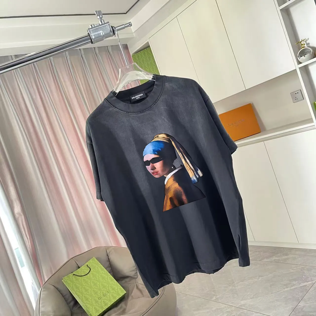 🅿️190 BALENCI*GA Paris 2025 summer new style, washed, distressed, spray-painted, personalized letter logo printing, customized fabric 320g, short-sleeved T-shirt, same style for men and women, size: S M L XL XXL five codes, color: black, white, gradient black, gradient red