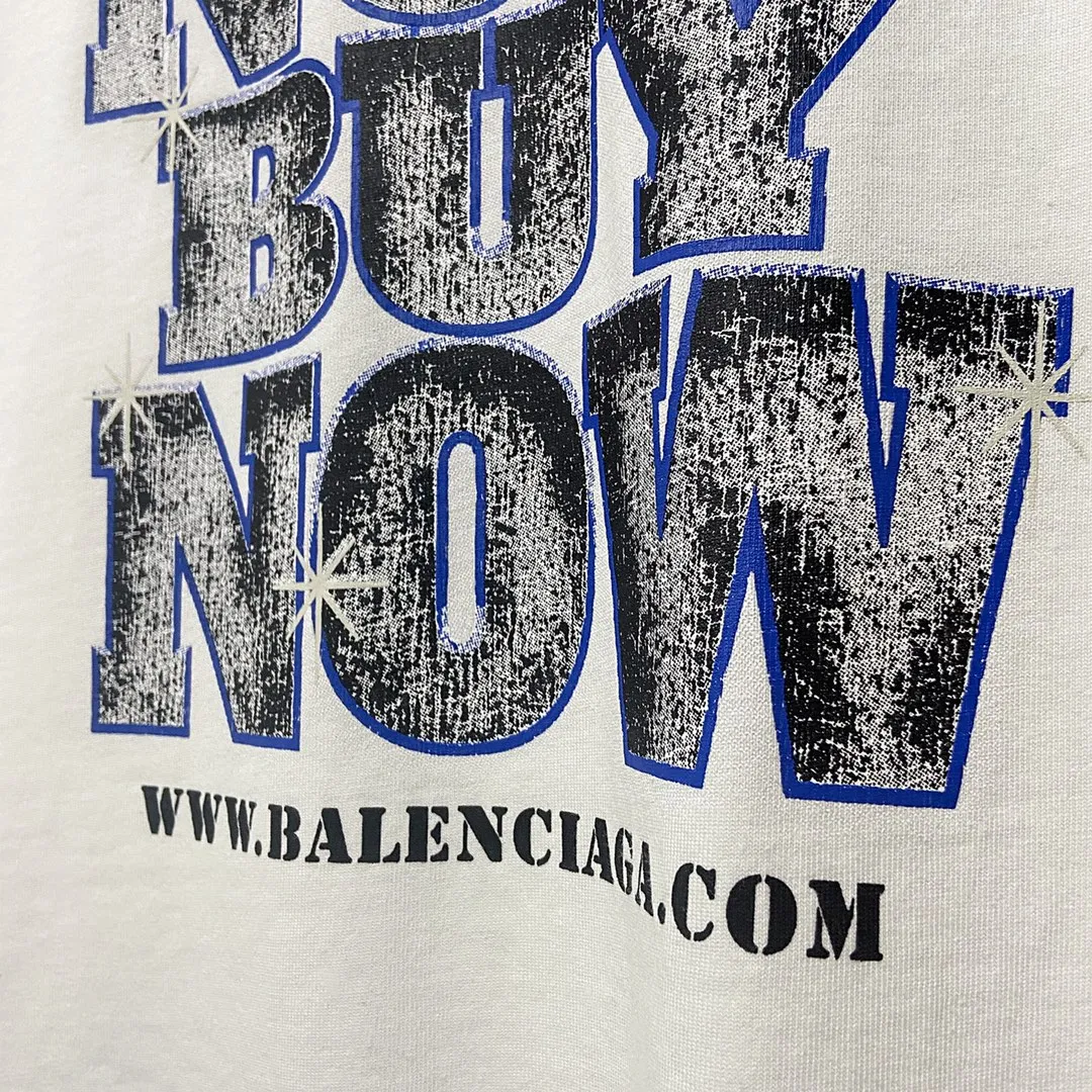 🅿️180 9126# Actual photo top version [[BALENCIA*GA] official website quality Paris new co-branded SEENOWBUYNOW diamond short-sleeved T-shirt OS version loose dropped shoulders Uniform style for men and women Fabric: 260g 100% cotton double yarn Process: front and rear left and right sleeve printing Garment washed, worn, distressed, fixed color Color: washed black, washed blue, white Size: XS S M L