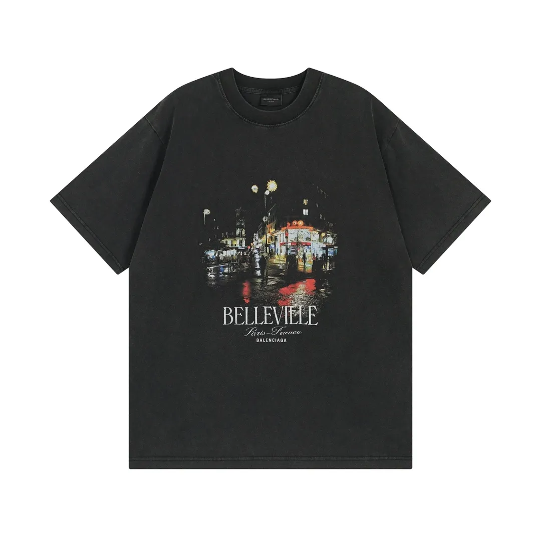 🅿️194 real photos [Top version. Official website quality] BALENCI*GA/Paris. 2024 new model. Front Paris night scene retro print washed and distressed short-sleeved T-shirt. Brick cabinet synchronization. Genuine product developed at the first time, please print and compare! The fabric is made of Paris ZP custom-woven and dyed cotton double yarn. Weighing 260 grams, the cloth surface is clean. The cloth pattern is clear, soft and comfortable. The threads are dyed with no color difference. The printing is made of environmentally friendly imported materials. The letters are clear and the effect is three-dimensional. The entire garment is washed and distressed. The version adopts OS loose shoulder design. Same style for men and women. Code: BL223391 Color: washed black Size: XS. S. M. L