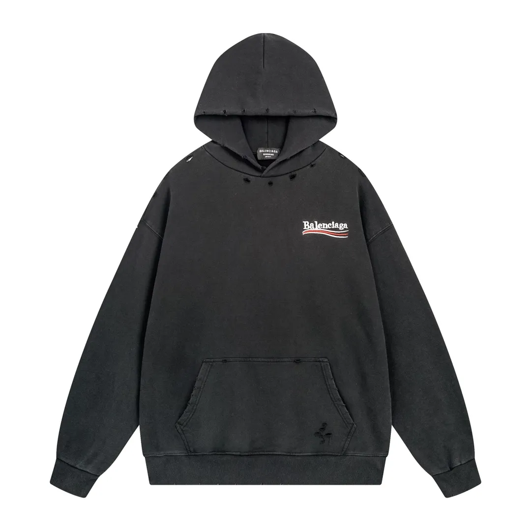 🅿️320 Detailed picture [Top version. Official website quality] BALENCI*GA/Paris. Classic model. 22SS#BALENCI*GA#Coke wave flower embroidery ready-made garments washed and worn, worn and worn with heavy craftsmanship, hooded sweatshirt, aged. Autumn and winter brick cabinet synchronization. The fabric is made of Paris ZP custom-woven and dyed cotton double-yarn David sweater, weighing 450 grams, the cloth surface is clean. The cloth pattern is clear, soft and comfortable. The threads are woven and dyed with no color difference. The classic letter LOGO is embroidered with a Tajima embroidery machine, and the letters are three-dimensional. The garment is washed. Heavy craftsmanship makes it old and retro. It is worn in many directions to restore the brick cabinet. The version adopts the OS loose shoulder style. Same style for men and women. Coding: BL238051 Color: Washed black Size: XS S M L