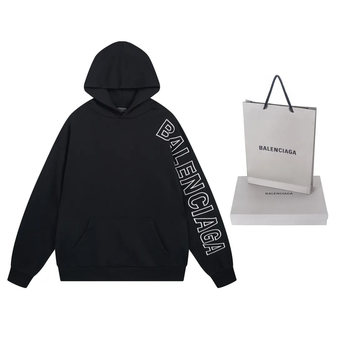 🅿️320 detailed pictures [Top version. Official website quality] BALENCI*GA/Paris BALENCI*GA#2024 latest model, Paris classic letter large LOGO embroidered hooded sweatshirt. Brick cabinet synchronization. Genuine products are developed and developed as soon as possible, welcome to compare! The fabric is made of Paris ZP custom-woven and dyed cotton terry sweatshirt. The weight is 450 grams. The cloth surface is clean. The cloth pattern is clear. It is soft and comfortable. It has good color fastness and is not easy to change color. The threads are woven and dyed with no color difference. The embroidery is done using imported Tajima embroidery machines. Super W needle thread embroidery, accurate positioning, three-dimensional effect, clear lines. No burrs and miscellaneous threads, ultra-high craftsmanship embroidery. The version adopts OS loose shoulder design. Same style for men and women. Code: BL238015 Color: Black. White Size: XS S M L