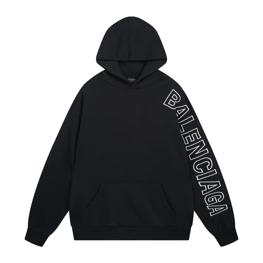 🅿️320 detailed pictures [Top version. Official website quality] BALENCI*GA/Paris BALENCI*GA#2024 latest model, Paris classic letter large LOGO embroidered hooded sweatshirt. Brick cabinet synchronization. Genuine products are developed and developed as soon as possible, welcome to compare! The fabric is made of Paris ZP custom-woven and dyed cotton terry sweatshirt. The weight is 450 grams. The cloth surface is clean. The cloth pattern is clear. It is soft and comfortable. It has good color fastness and is not easy to change color. The threads are woven and dyed with no color difference. The embroidery is done using imported Tajima embroidery machines. Super W needle thread embroidery, accurate positioning, three-dimensional effect, clear lines. No burrs and miscellaneous threads, ultra-high craftsmanship embroidery. The version adopts OS loose shoulder design. Same style for men and women. Code: BL238015 Color: Black. White Size: XS S M L