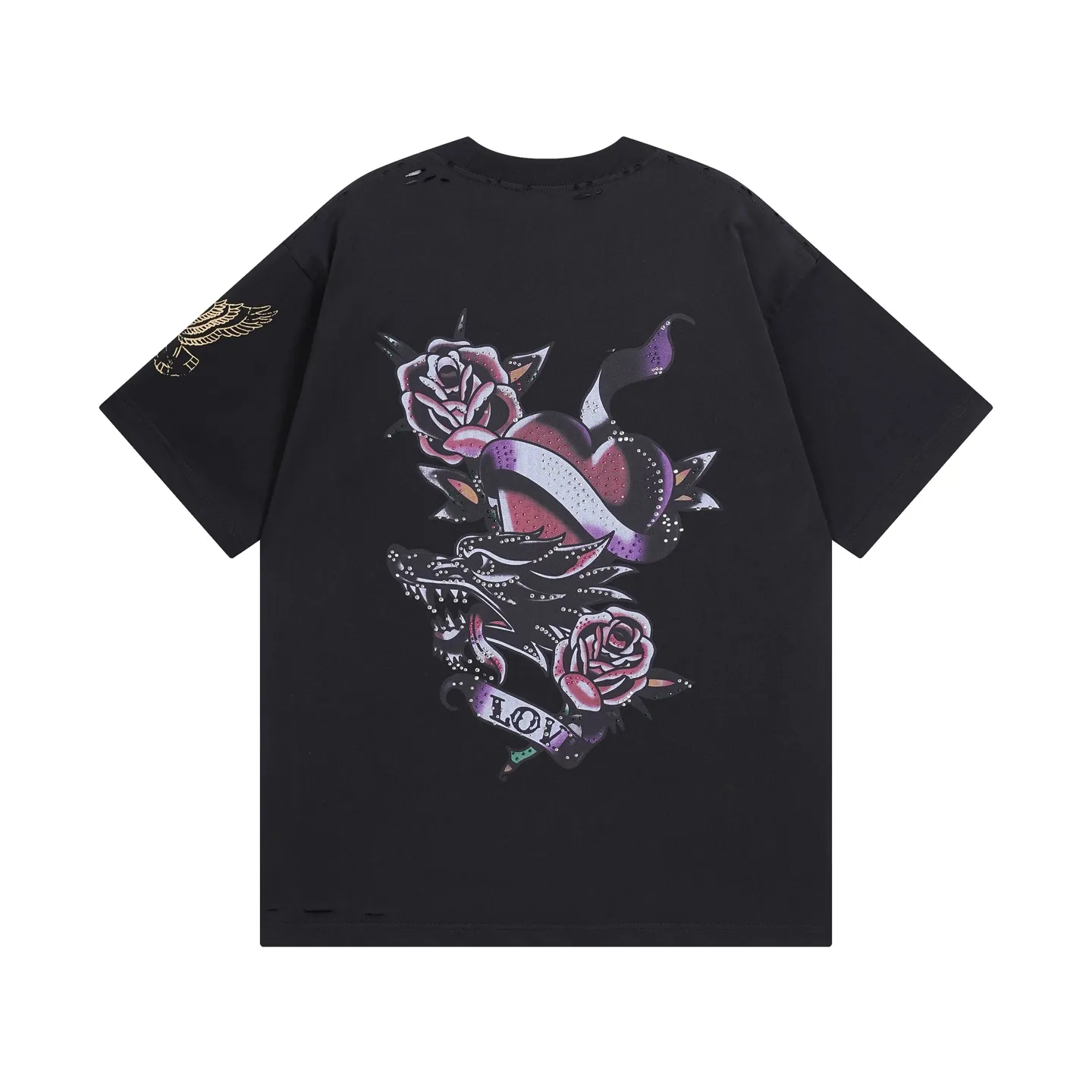 🅿️220 real photos [Top version. Official website quality] BALENCI*GA/25 new model. The front is directly printed with tacky tattoo art work, the right sleeve is printed with graphics, and the front and back are rhinestoned. Ready-to-wear distressed short-sleeved T-shirt # SS25 latest style. Research and development at the first time, different market currencies. Comparisons welcome. The fabric is made of Paris ZP custom-woven and dyed cotton double yarn. Weighing 260 grams, the cloth surface is clean. The cloth pattern is clear, soft and comfortable. The threads are dyed with no color difference. Printing adopts computer direct printing. The front and back pieces are hot-drilled. The garments are washed and worn to make them look old. Jubie market currency. Welcome to compare. The version adopts OS loose shoulder design. Same style for men and women. Code: BL253676 Color: black, light blue Size: XS S M L