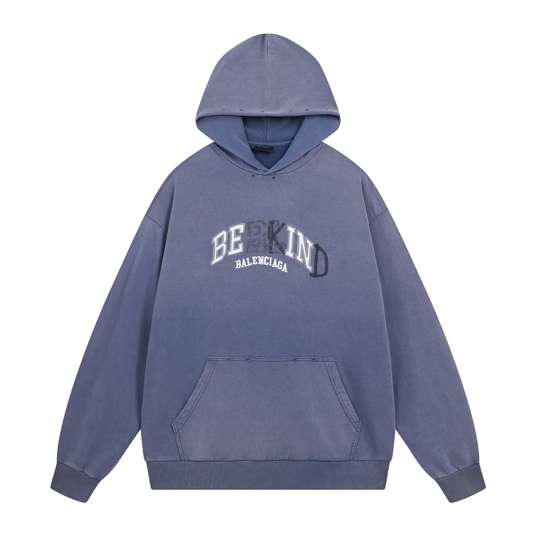 🅿️330 detailed pictures [Top version. Official website quality] BALENCI*GA/Paris BALENCI*GA#2024 latest model, classic letter LOGO graffiti. Toothbrush embroidery ready-to-wear distressed hooded sweatshirt. Brick cabinet synchronization. Genuine products are developed and developed in the first time. Welcome to compare! The fabric is made of Paris ZP custom-woven and dyed cotton sweatshirt. The weight is 450 grams. The cloth surface is clean. The cloth pattern is clear. It is soft and comfortable. It has good color fastness and is not easy to change color. The threads are woven and dyed with no color difference. The embroidery is done using imported Tajima embroidery machines. Over 10W needlework and extremely complex craftsmanship. The effect is three-dimensional and the lines are clear. No rough edges and lines. Ultra-high-tech embroidery. The hand-painted worn-out effect of ready-made garments. The version adopts OS loose shoulder design. Same style for men and women. Code: BL238030 Color: Dark blue gray. Floral gray. Washed blue Size: XS S M L