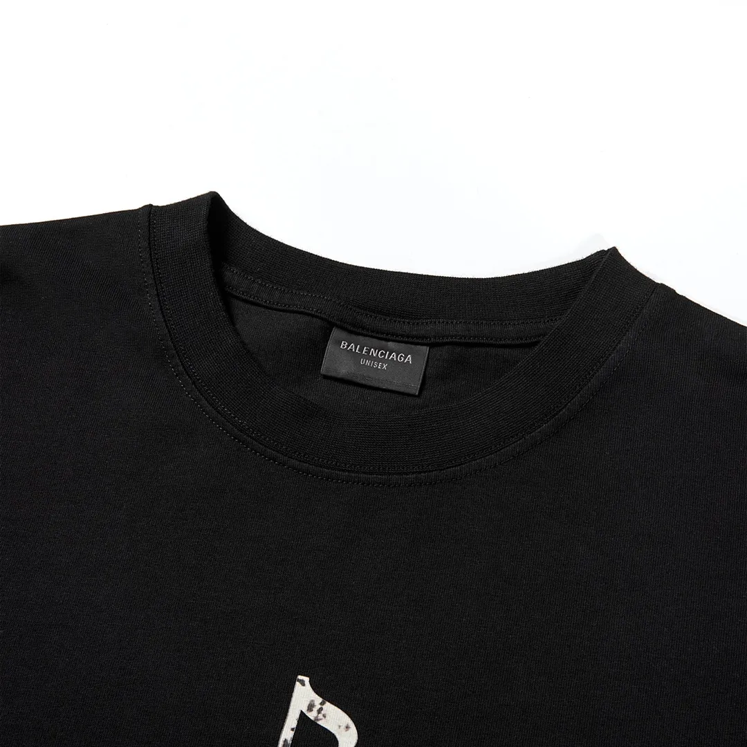 🅿️160 9129# Detailed picture Top version [[BALENCIA*GA] official website quality Paris new musical note logo heat-printed short-sleeved T-shirt OS version Loose dropped shoulders Unisex fabric: 260 grams 100% cotton double yarn Technology: front and rear heat transfer printing Garment wash Shape solid color Color: black white Size: XS S M L
