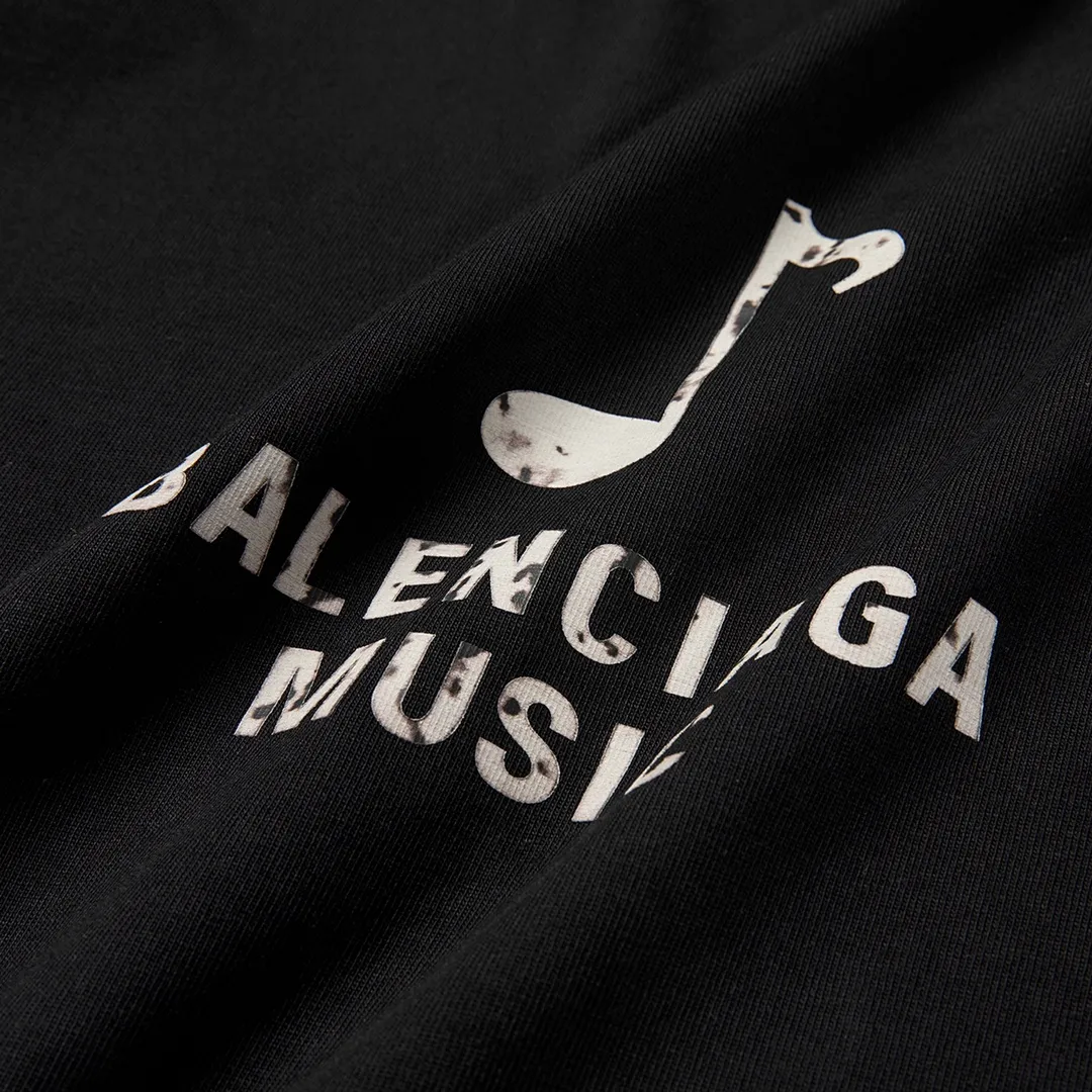 🅿️160 9129# Detailed picture Top version [[BALENCIA*GA] official website quality Paris new musical note logo heat-printed short-sleeved T-shirt OS version Loose dropped shoulders Unisex fabric: 260 grams 100% cotton double yarn Technology: front and rear heat transfer printing Garment wash Shape solid color Color: black white Size: XS S M L
