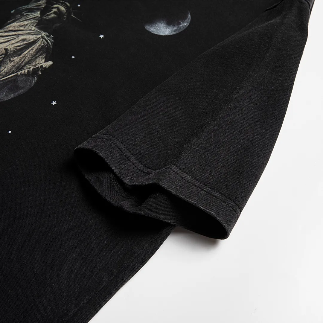 🅿️180 9112# Detailed picture Top version [[BALENCIA*GA] official website quality Paris new Statue of Liberty catwalk style short-sleeved T-shirt OS version loose dropped shoulders Unisex style Fabric: 260g 100% cotton double yarn Process: front digital direct printing Garment wash worn distressed fixed color Color: washed black white Size: XS S M L