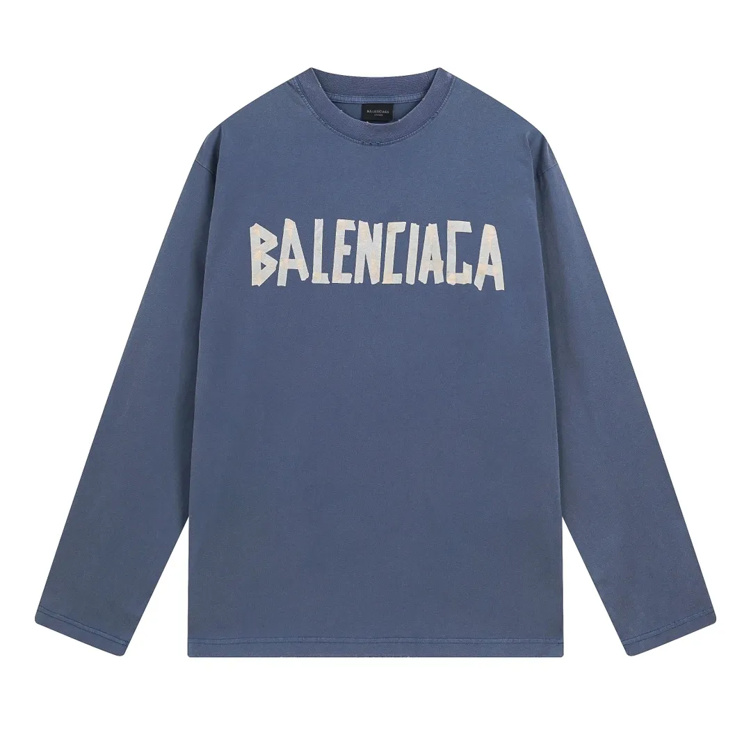 🅿️250 BALENCI*GA Paris tape series printed washed distressed long sleeves. The fabric is made of 280g Paris-specific double yarns*high weight 1:1 double yarn rib. The front and rear panels are made of imported Kornray machine direct-injection printing technology. Distressing + multi-position cutting and wear-making process. Two high-temperature shaping washes. os dropped shoulders and loose version. Same style for men and women -Color: off-white, iron gray, burgundy, green, black blue, fog blue -SIZE: XS S M L style number 8602#