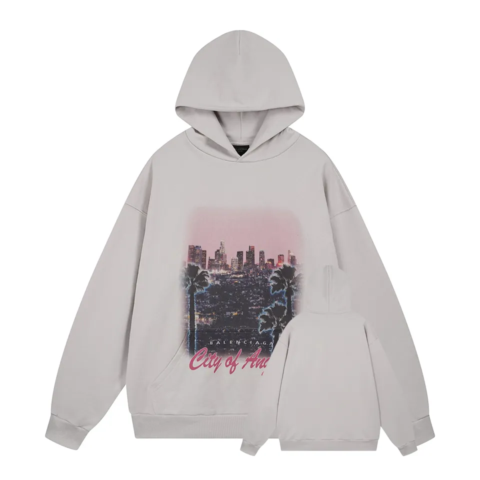 🅿️390 - BALENCI*GA Paris and Los Angeles night view style hooded long sweatshirt. The front pattern is directly sprayed by computer. The ready-made clothes are washed and aged. The letters are clear. The effect is three-dimensional. Exclusively woven and dyed 460g fabric. Threads are dyed in the same vat with zero color difference. Brick cabinet synchronization. Welcome to compare. Same style for men and women -Color: washed black, apricot -SIZE: Xs S M L style number 8966#