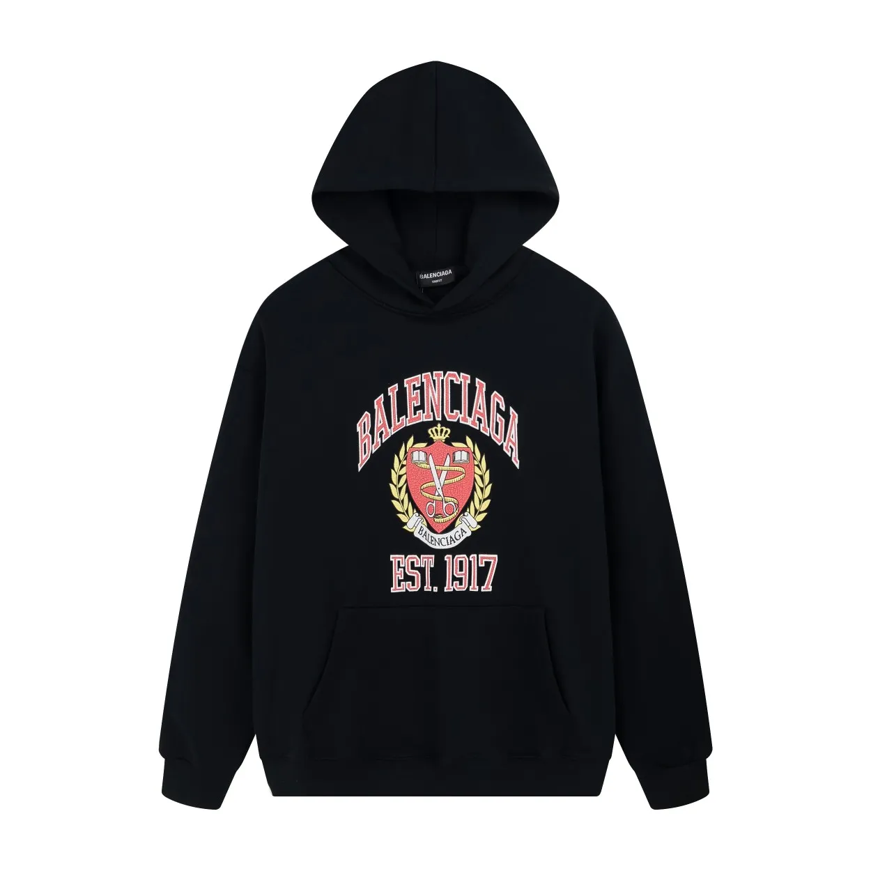 🅿️290 Detailed picture [Top version. Official website quality] BALENCI*GA/Paris. Classic style. SS22 #balenci*ga 1917 shield burst print hooded sweatshirt. Autumn and winter style brick cabinets are synchronized.                       The fabric is made of Paris ZP custom-woven and dyed cotton double-yarn large parka, with a net weight of 450 grams. The cloth surface is clean. The cloth pattern is clear, soft and comfortable. The threads are dyed with no color difference. The classic pattern is printed with environmentally friendly imported materials, precision printing screen, burst pattern printing, clear letters, three-dimensional effect, restoring the brick cabinet. The version adopts OS loose shoulder style, same style for men and women. Coding: BL238090 Color: black. Size: XS S M L