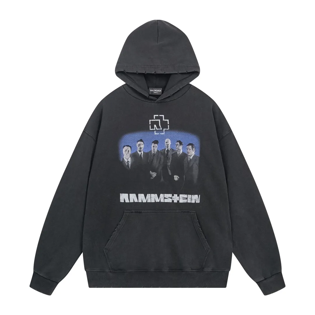 🅿️330 Detailed picture [Top version. Official website quality] BALENCI*GA/Paris Rammstein band co-branded hooded sweatshirt. The fabric is made of Paris ZP custom-woven and dyed cotton sweatshirt. The net weight is 450 grams. The cloth surface is clean. The cloth pattern is clear, soft and comfortable. The threads are dyed with no color difference. The pattern adopts Kornit digital direct printing machine, the letter strips are drawn with crack technology, the direct printing color is aligned with the original color, the LOGO is embroidered on the back of the clothes and legs, the ready-made clothes are washed and worn, the brick cabinets are restored, and the Jubie market is produced according to the pictures. You are welcome to compare the version and adopt the OS loose shoulder version. Same style for men and women Code: BL238070 Color: Washed black Size: XS S M L