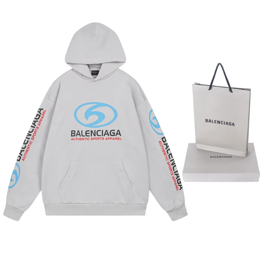 🅿️330 real photos [Top version. Official website quality] BALENCI*GA/Paris. 2024 new style. Paris surf pattern letter printing straight cracks. Ready-to-wear worn and distressed hooded sweatshirt, brick cabinet synchronization. Genuine product developed at the first time, happy to print and compare! The fabric is made of Paris ZP custom-woven and dyed cotton terry sweatshirt. Weighing 460 grams, the cloth surface is clean. The cloth pattern is clear, soft and comfortable. The threads are dyed with no color difference. The classic LOGO is printed using environmentally friendly imported materials with clear pattern letters and a three-dimensional effect. Restored brick cabinet. Ready-made garments are washed, worn and distressed. Different market currency. Welcome to compare. The version adopts OS loose shoulder style. Same style for men and women. Code: BL238931 Color: gray blue, gray white Size: XS S M L