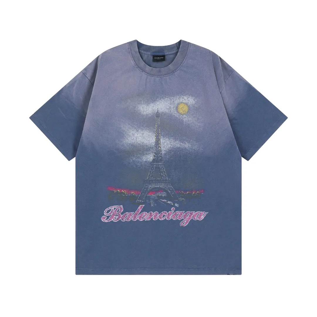 🅿️210 Detailed picture [Top version. Official website quality] BALENCI*GA/Paris. 2024 latest Paris Eiffel Tower inkjet gradient color printed washed and distressed short-sleeved T-shirt. Overweight craftsmanship, brick cabinet synchronization. ⚠️Distinguish market currency, genuine product development, welcome to compare! The weight is 260 grams, ground. The hand-painting is consistent with ZP, and the printing uses Kornit digital direct printing. The garments are washed and worn. The whole piece is designed with extra heavy craftsmanship. Comparisons welcome. The version adopts OS loose shoulder style. Same style for men and women. Code: BL223333 Color: pink, washed blue (the process of washing blue is different, and the price is also different) Size: XS to L