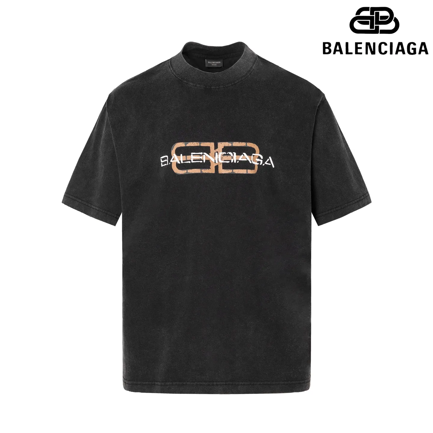 🅿️170 9211# Detailed picture Top version [[BALENCIA*GA] official website quality Paris new fuzzy double BB printed LOGO printed short-sleeved T-shirt on the chest OS version Loose dropped shoulders Same style for men and women Fabric: 260g 100% cotton double yarn Process: front printing Garment wash Distressed solid color Color: washed black Size: XS S M L