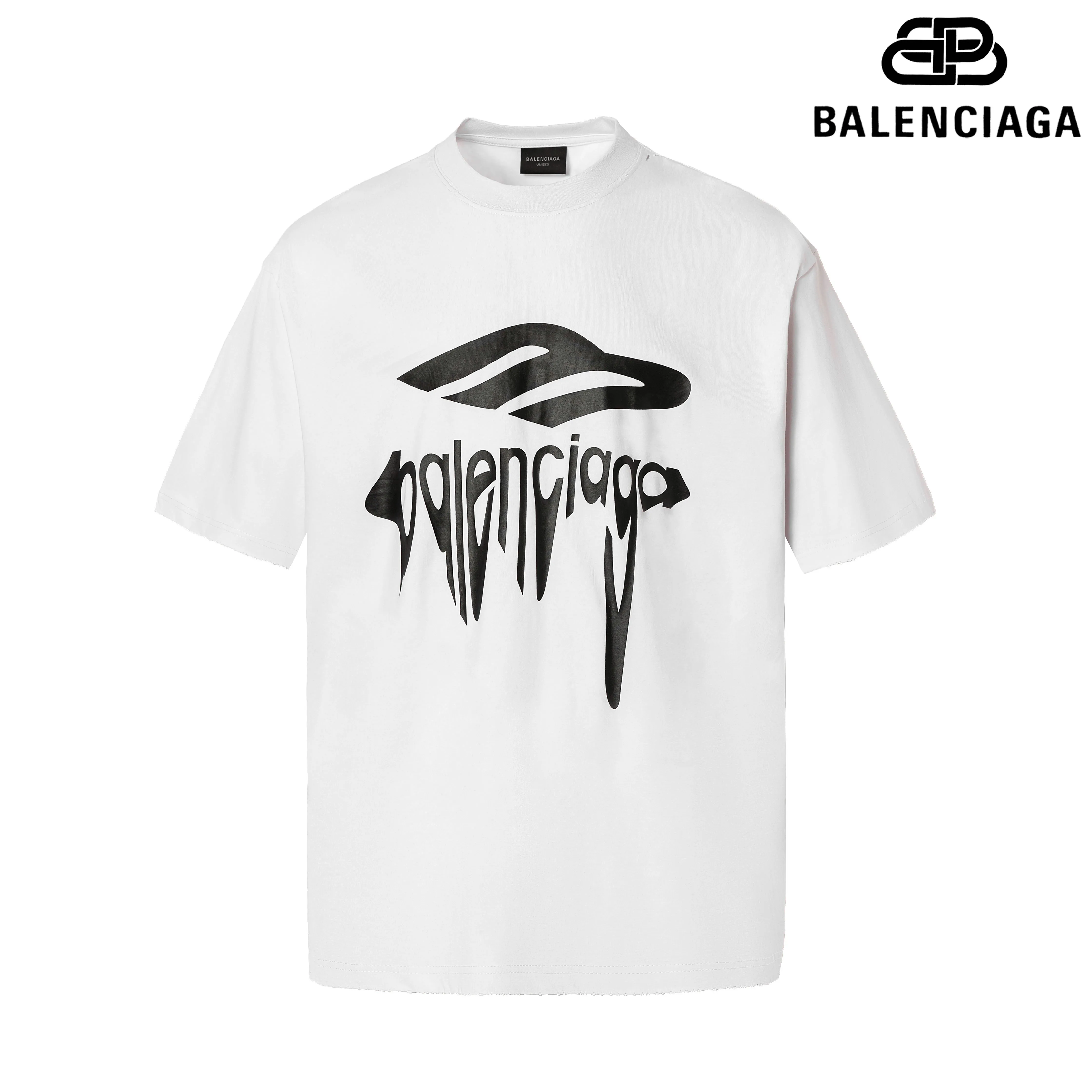 🅿️180 9186# Detailed picture Top version [[BALENCIA*GA] official website quality Paris new 3M artistic letter LOGO printed short-sleeved T-shirt OS version loose dropped shoulders Unisex style Fabric: 260g 100% cotton double yarn Process: front printing Garment washed worn distressed fixed color Color: washed black off-white Size: XS S M L