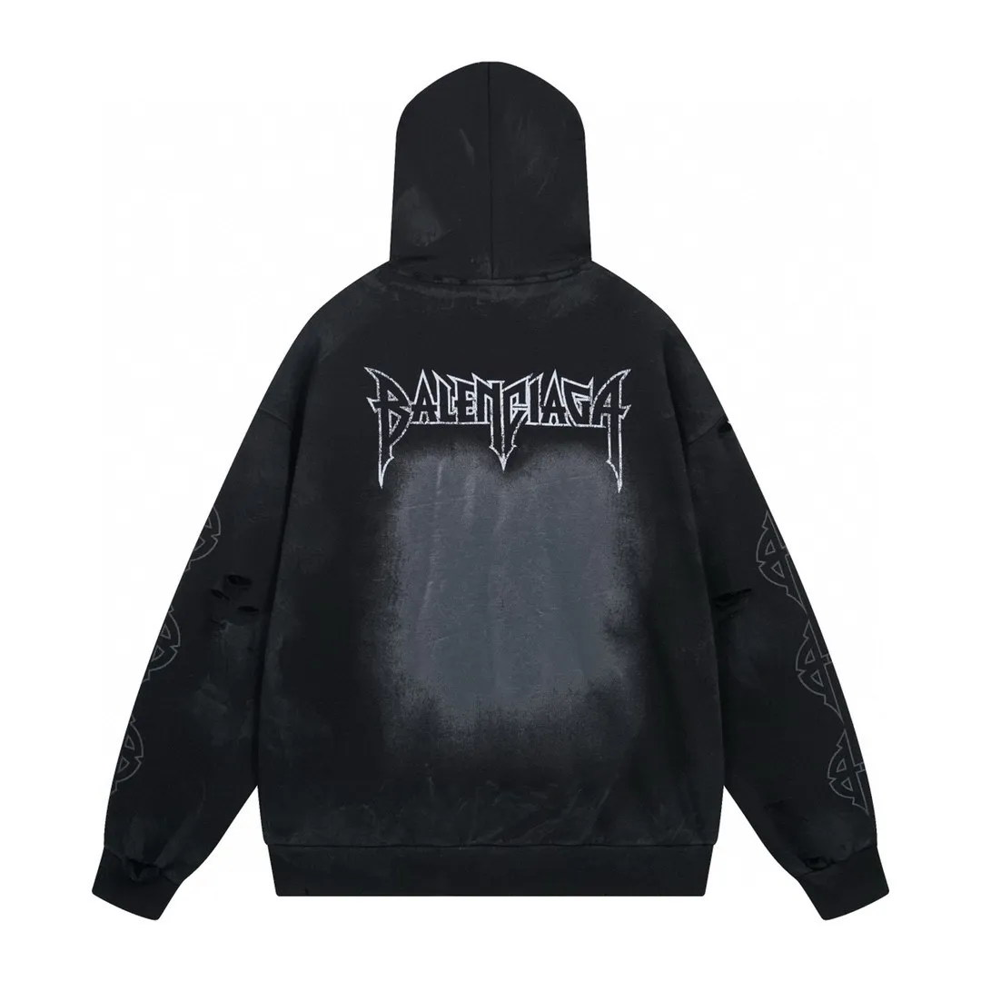 🅿️380 real shots [Top version. Official website quality] BALENCI*GA/Paris. 2024 latest Paris Eiffel Tower inkjet graffiti hand-painted gradient color print washed distressed hooded sweatshirt. Overweight craftsmanship, brick cabinet synchronization. ⚠️Distinguish the market currency, genuine development, this style is black enzyme wash. It is not the market wrong wash water black. The weight is 450 grams, worn. The hand-painted is consistent with ZP, and the printing uses Kornit digital direct printing. The garments are washed, worn and worn. Graffiti are hand-painted. The whole piece is designed with extra heavy craftsmanship. Comparisons welcome. The version adopts OS loose shoulder design. Same style for men and women. Code: BL238012 Color: Black Size: XS S M L