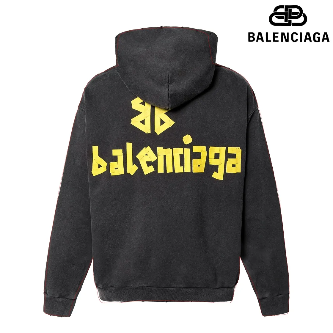🅿️330 7153# Detailed picture Top version [BALENCIA*GA] Official website quality Paris new yellow tape series hooded sweatshirt OS version Loose dropped shoulders Same style for men and women Fabric: 480g 100% cotton terry sweater Process: Digital direct printing of front and back panels Garment wash Worn Distressed Fixed color Color: Washed black Gray blue Washed blue Size: XS S M L