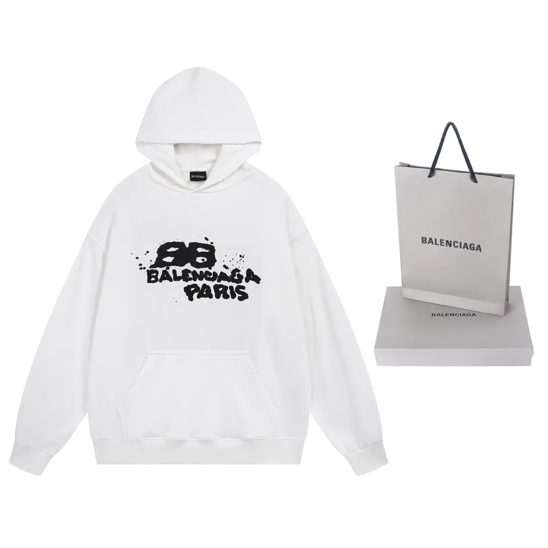 🅿️300 Detailed picture [Top version. Official website quality] BALENCI*GA/Paris BALENCI*GA#BB hand-painted graffiti long-sleeved hooded sweatshirt. 2023 autumn and winter new products. Brick cabinet synchronization. The fabric is made of Paris ZP custom-woven and dyed cotton double-yarn David sweatshirt. The weight is 450 grams, the cloth surface is clean. The cloth pattern is clear. Soft and comfortable. Good color fastness. Not easy to change color. The threads are woven and dyed with no color difference. The printing uses a round machine hand-painted effect. No burrs. The color is the same as the original board. The whole piece of clothing is hand-made and worn. The brick cabinet is restored. The version adopts the OS loose shoulder style. Same style for men and women. Coding: BL238018 Color: black, white, gray blue, pink Size: XS S M L