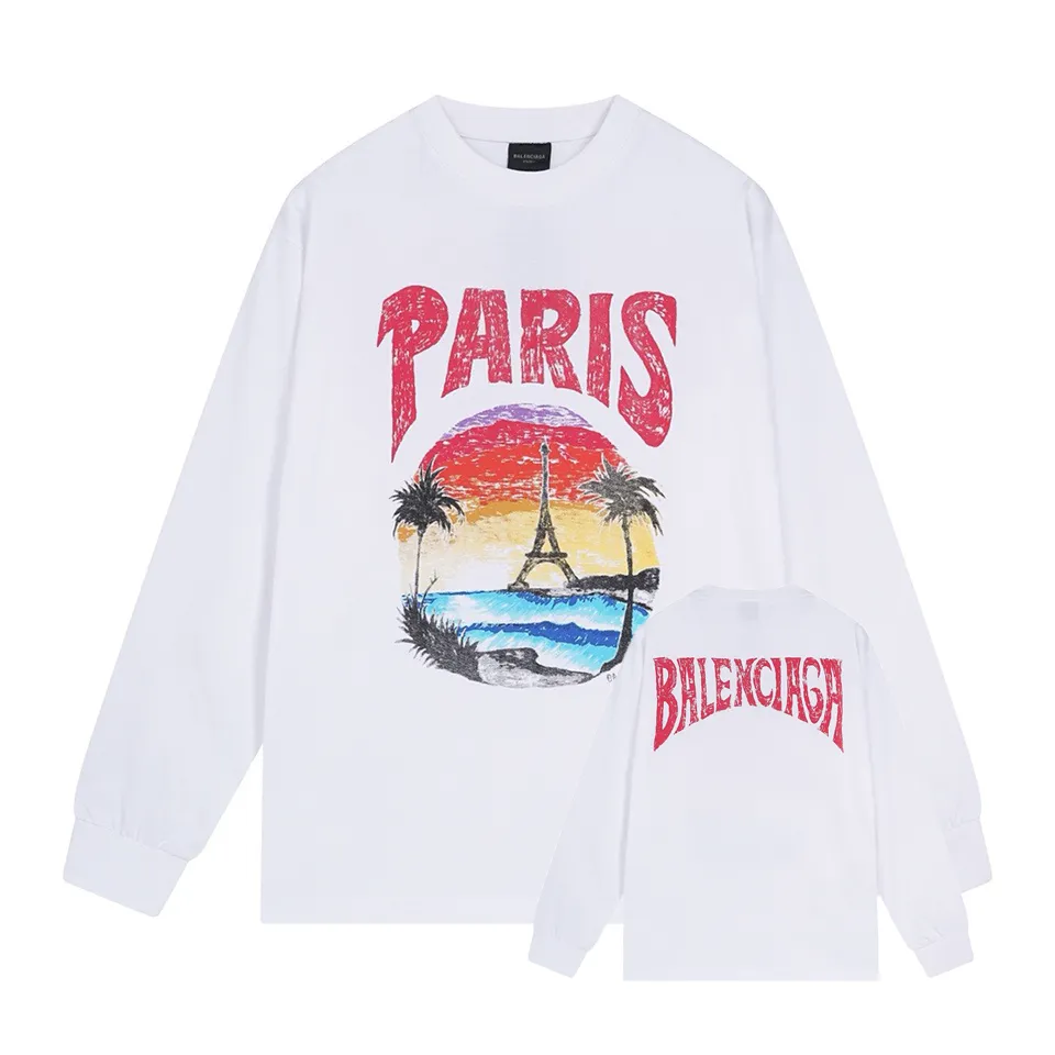 🅿️250 BALENCI*GA Paris Hawaiian Coconut Tower Long Sleeve. The fabric is made of Paris custom-woven and dyed double yarn pure cotton fabric. The weight is 280g. The thread is custom-woven and dyed without color difference. The front and rear panels are printed by imported machine. Two high-temperature setting washes. Os dropped shoulders and loose version. Same style for men and women -Color: Black Ivory White -SIZE: XS S M L Style No. 8615#