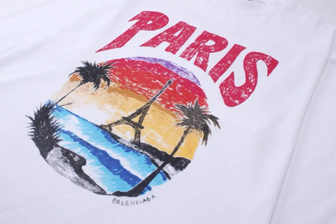 🅿️250 BALENCI*GA Paris Hawaiian Coconut Tower Long Sleeve. The fabric is made of Paris custom-woven and dyed double yarn pure cotton fabric. The weight is 280g. The thread is custom-woven and dyed without color difference. The front and rear panels are printed by imported machine. Two high-temperature setting washes. Os dropped shoulders and loose version. Same style for men and women -Color: Black Ivory White -SIZE: XS S M L Style No. 8615#