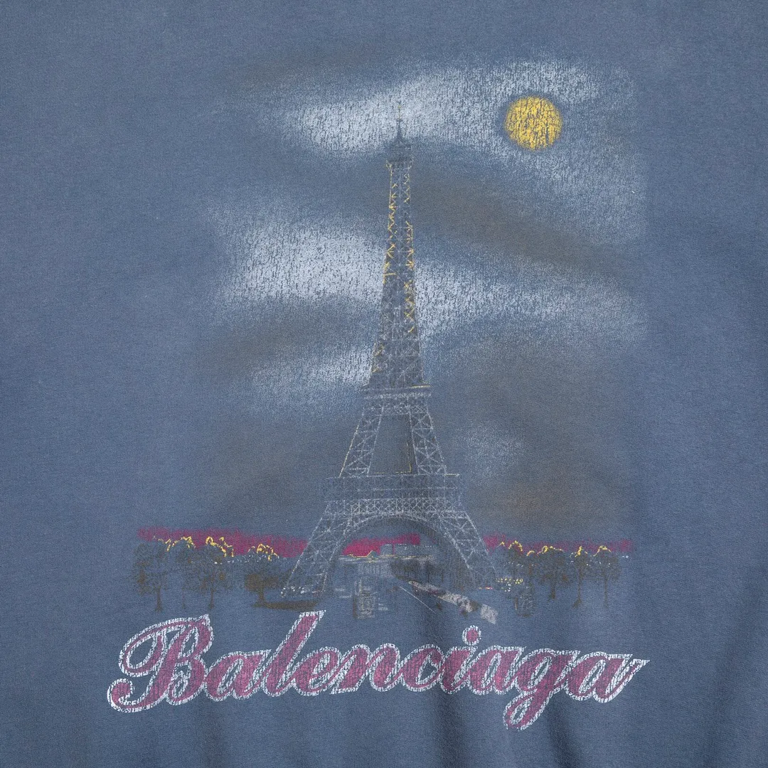 🅿️340 Detailed picture Top version [BALENCIA*GA] Official website quality Paris' new Paris Eiffel Tower series hooded sweatshirt OS version Loose dropped shoulders Unisex style Fabric: 480g 100% cotton terry David sweater Technology: Front white ink direct spray Garment wash Frayed Distressed Fixed color Color: Washed blue Pink Size: XS S M L