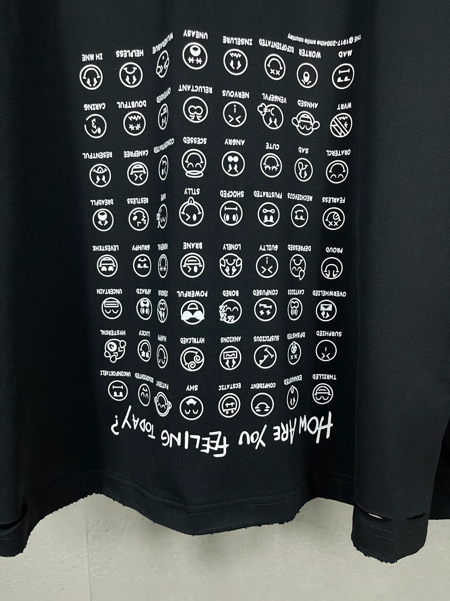 🅿️240 real photos [Top version. Official website quality] BALENCI*GA/Paris. SS25 latest smiling face collection printed washed, distressed and worn long-sleeved T-shirt. Ready-to-wear, many distressed and worn. Brick cabinets are synchronized. Genuine products are developed at the first time, and you can print and compare! The fabric is made of Paris ZP custom-woven and dyed cotton double yarn. Weighing 260 grams, the cloth surface is clean. The cloth pattern is clear, soft and comfortable. The threads are dyed with no color difference. The printing is made of environmentally friendly imported materials. The letters are clear and the effect is three-dimensional. The version adopts OS loose shoulder design. Same style for men and women. Code: BL235066 Color: Black Size: XS S M L