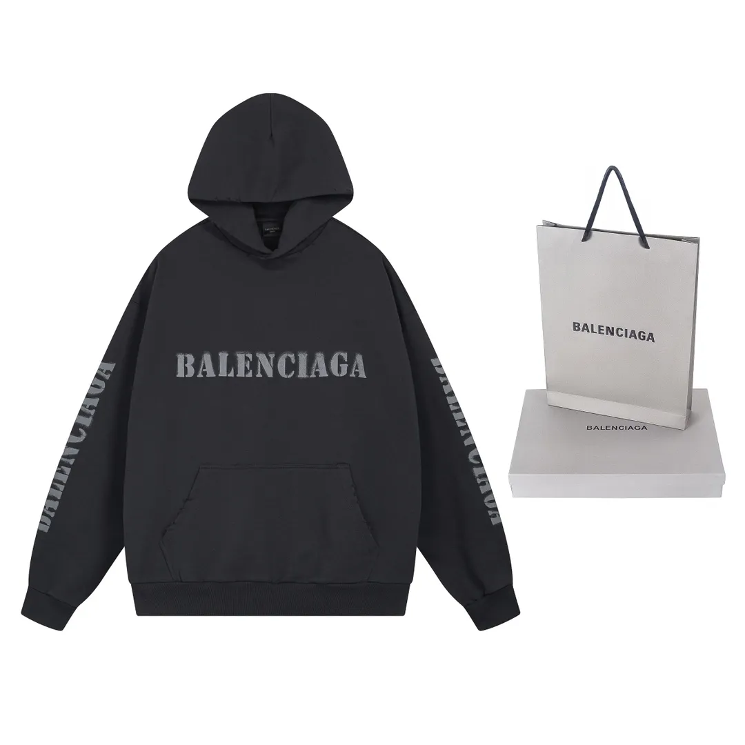 🅿️330 real photos [Top version. Official website quality] BALENCI*GA/Paris. 2024 new style blurred letter LOGO printed ready-to-wear wash-worn hooded sweatshirt. Brick cabinets are synchronized. Genuine products are developed at the first time, and you can print and compare! The fabric is made of Paris ZP custom-woven and dyed cotton terry sweatshirt. Weighing 460 grams, the cloth surface is clean. The cloth pattern is clear, soft and comfortable. The threads are dyed with no color difference. The classic LOGO is printed with environmentally friendly imported materials and dot direct printing technology, with a three-dimensional effect. Restored brick cabinet. Ready-made clothes are worn and worn, different market currency, welcome to compare, the version adopts OS loose shoulder version. Same style for men and women Coding: BL238918 Color: Gray Blue Size: XS S M L