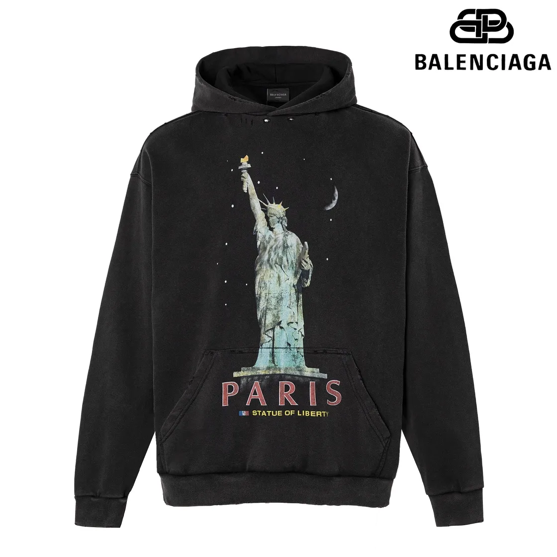 🅿️330 7112# Detailed picture Top version [BALENCIA*GA] Official website quality Paris's new Lady Liberty series hooded sweatshirt OS version Loose dropped shoulders Unisex style Fabric: 480g 100% cotton terry sweatshirt Technology: Front panel digital direct printing Garment wash Worn Distressed Fixed color Color: Washed black Size: XS S M L