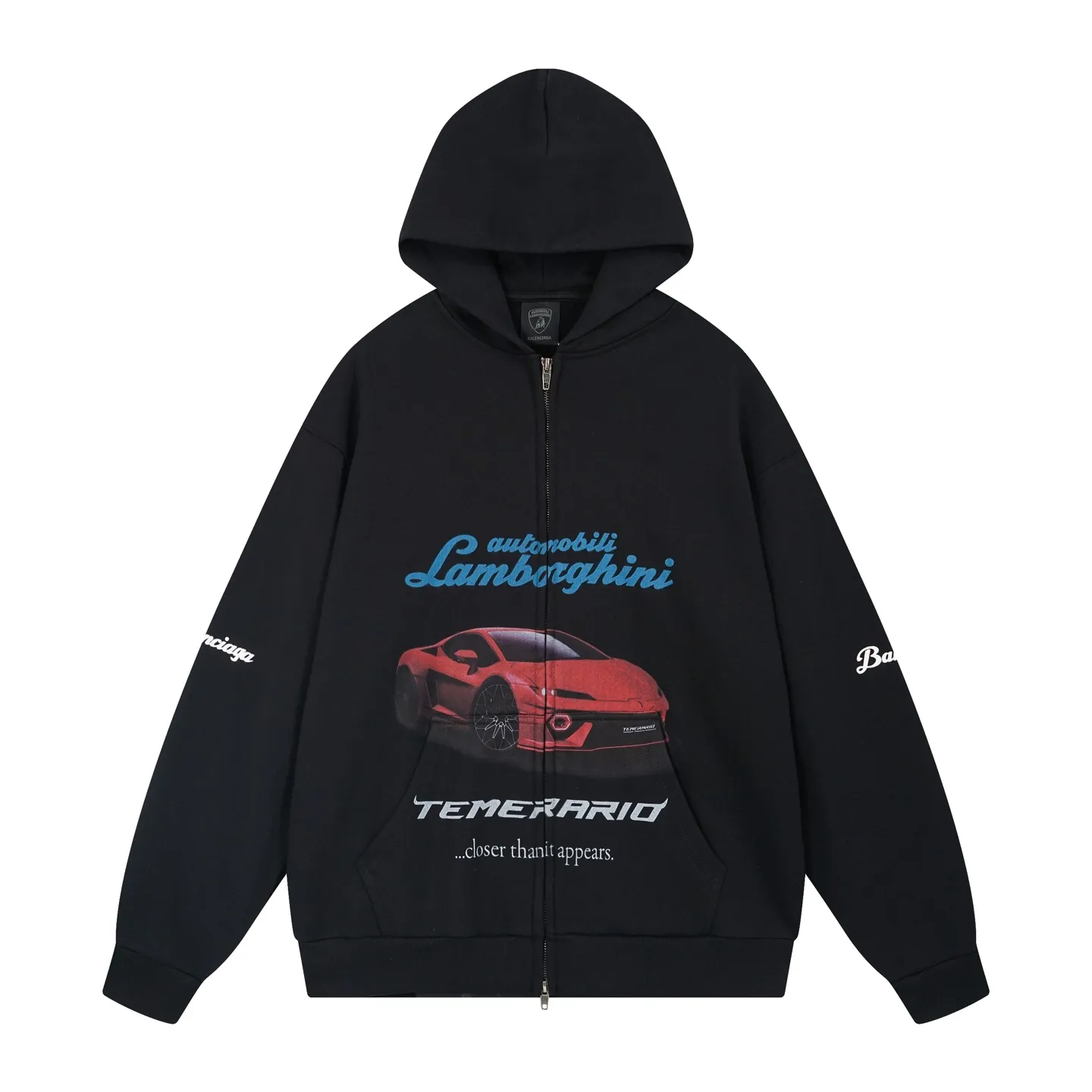 🅿️400 Actual pictures [Top version. Official website quality] BALENCI*GA/Paris co-branded Lamborghini Lamborghini front and back left and right sleeves direct-injection printed zipper cardigan sweatshirt SS25 latest model. Research and development at the first time, different market currencies. Comparisons welcome. The fabric is made of Paris ZP custom-woven and dyed cotton sweatshirt. Weighing 460 grams, the cloth surface is clean. The cloth pattern is clear, soft and comfortable. The threads are dyed with no color difference. Printing adopts computer direct printing. The pattern letters are clear, three-dimensional and without burrs. Jubie market produces pictures based on pictures. Welcome to compare. The version adopts OS loose shoulder design. Same style for men and women. Code: BL259909 Color: Black Size: XS S M L
