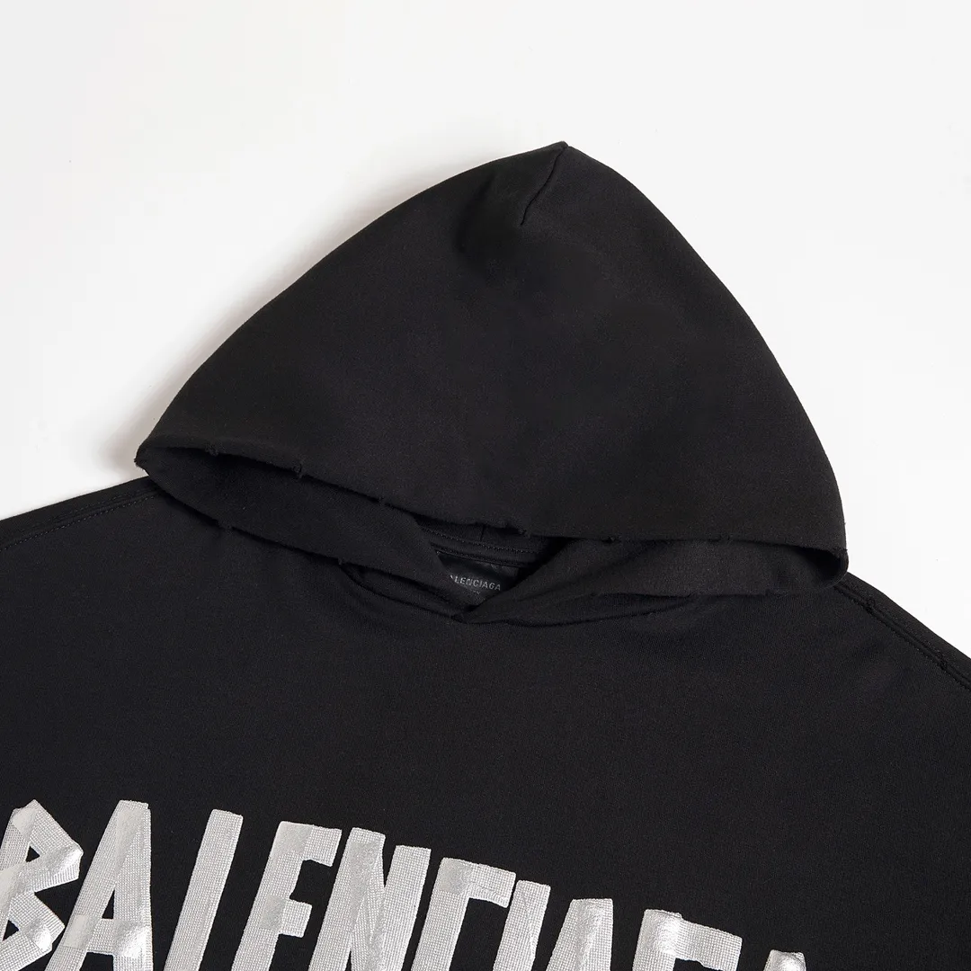 🅿️310 Detailed picture Top version [BALENCIA*GA] Official website quality Paris's new tape series hooded sweatshirt OS version Loose dropped shoulders Unisex style Fabric: 480g 100% cotton terry sweater Craftsmanship: Front and back printing Garment wash Worn Distressed Styling Solid color Color: black blue off-white Size: XS S M L