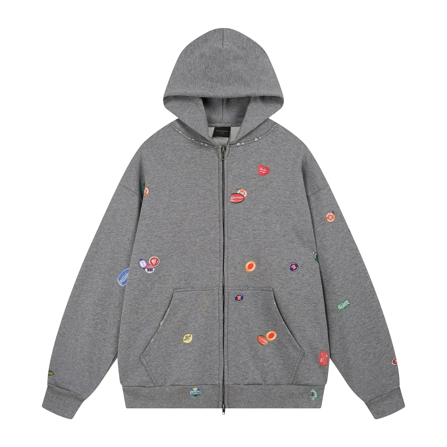 🅿️450 BALENCI*GA Paris fruit pattern Vintage hooded zipper sweatshirt. Growth positioning fixed-point computer spray printing and embossing. Manual master positioning and fixed-point grinding. Customized matching hardware. Clear letters. Three-dimensional effect. Exclusive matching woven and dyed 460g fabric. Threads are dyed in the same cylinder with zero color difference. Brick cabinet synchronization. Welcome to compare. Same style for men and women -Color: Gray Pink -SIZE: Xs S M L Style number 8979#