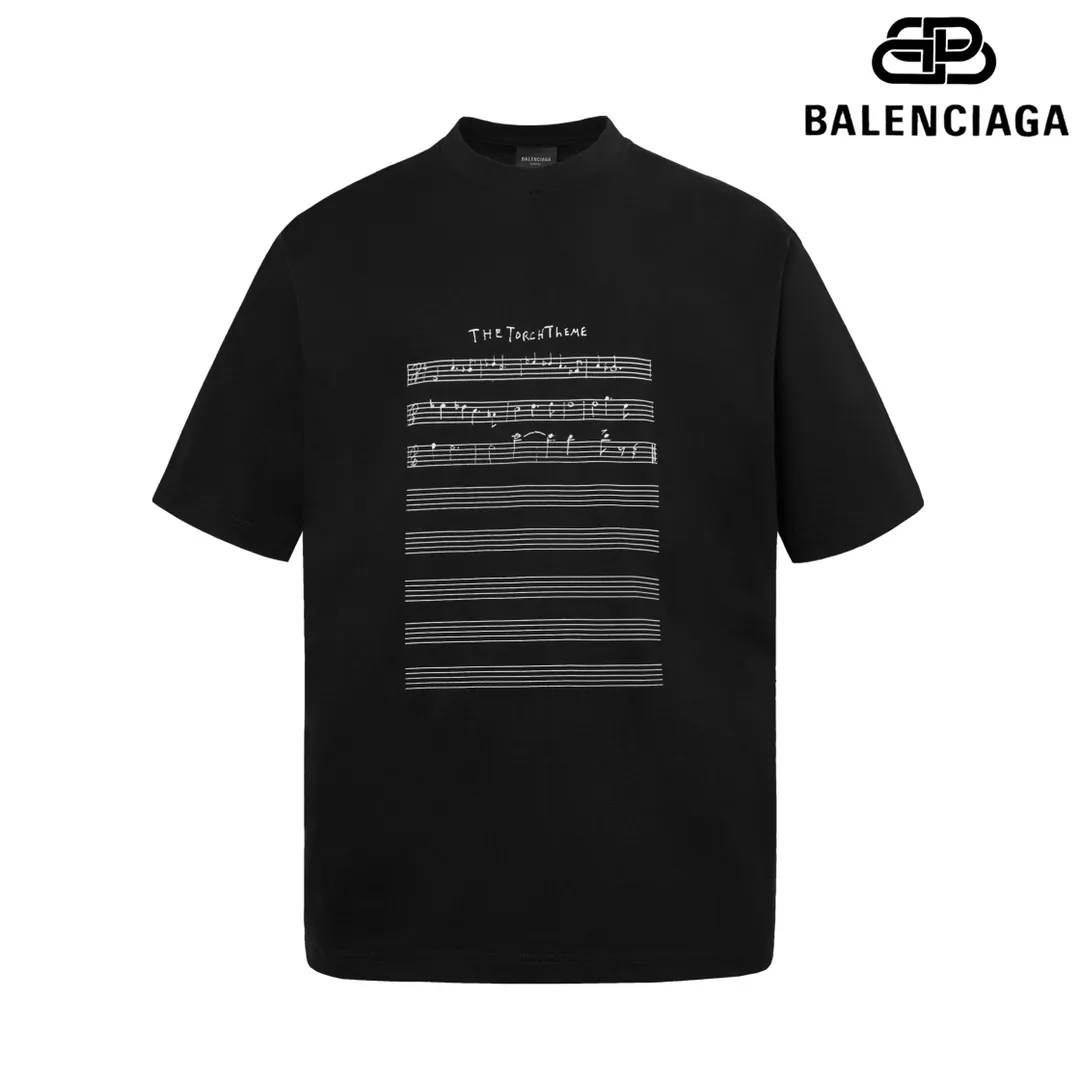 🅿️160 9111# Detailed picture Top version [[BALENCIA*GA] official website quality Paris new music special edition. Musical note short-sleeved T-shirt OS version Loose dropped shoulders Unisex style Fabric: 260g 100% cotton double yarn Craftsmanship: Front and back printing Garment wash Worn Distressed Styling Solid Color Color: Black Apricot Size: XS S M L