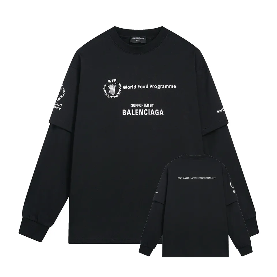 🅿️240 BALENCI*GA Paris world food fake two-piece long sleeves. The fabric is made of Paris custom-woven and dyed double yarn pure cotton fabric. The weight is 280g. The thread is custom-woven and dyed without color difference. The front and back panels are printed using environmentally friendly imported materials. Dot printing. Cuff splicing. Two high-temperature styling washes. os dropped shoulders, loose version, same style for men and women -Color: black -SIZE: XS S M L Style number 8607#
