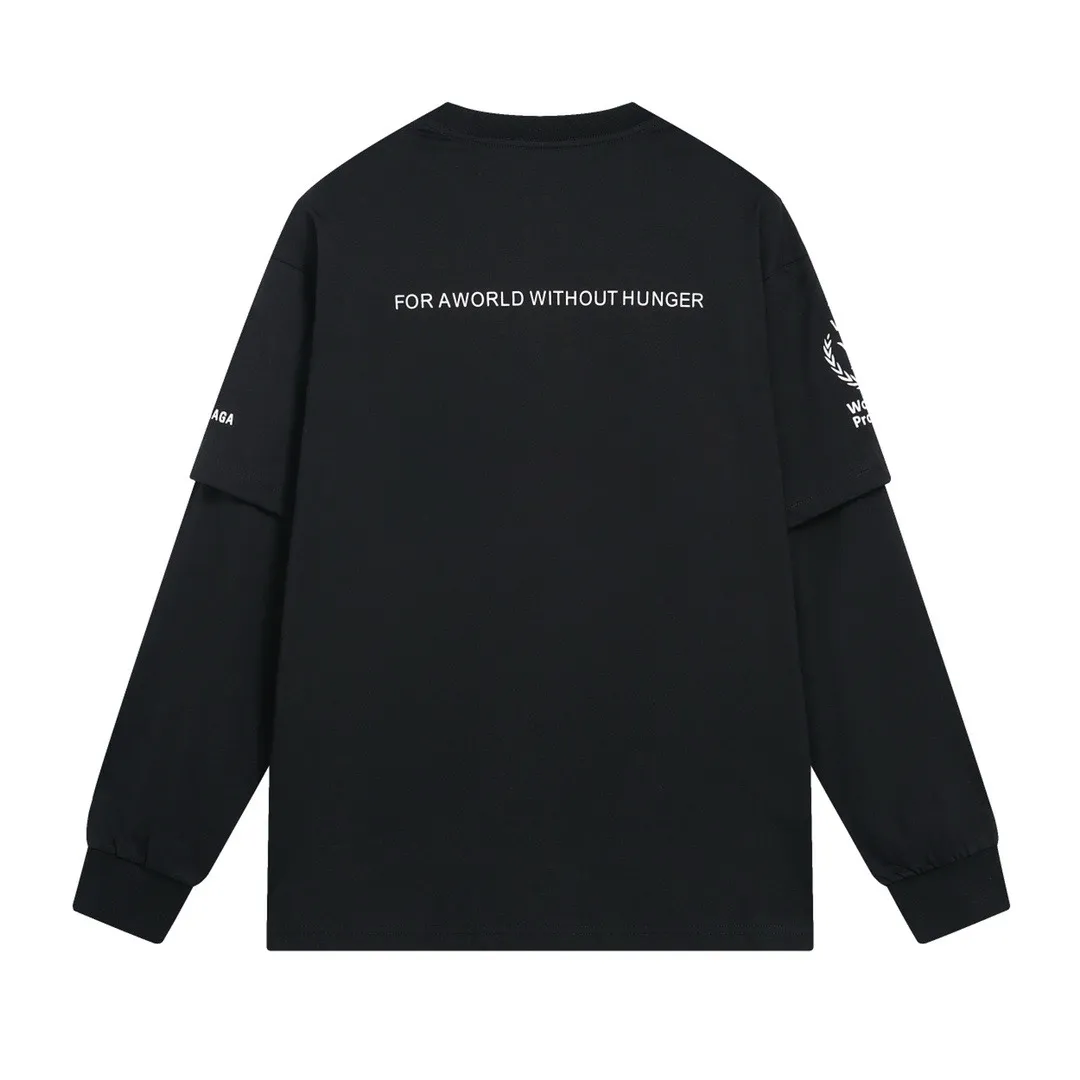 🅿️240 BALENCI*GA Paris world food fake two-piece long sleeves. The fabric is made of Paris custom-woven and dyed double yarn pure cotton fabric. The weight is 280g. The thread is custom-woven and dyed without color difference. The front and back panels are printed using environmentally friendly imported materials. Dot printing. Cuff splicing. Two high-temperature styling washes. os dropped shoulders, loose version, same style for men and women -Color: black -SIZE: XS S M L Style number 8607#