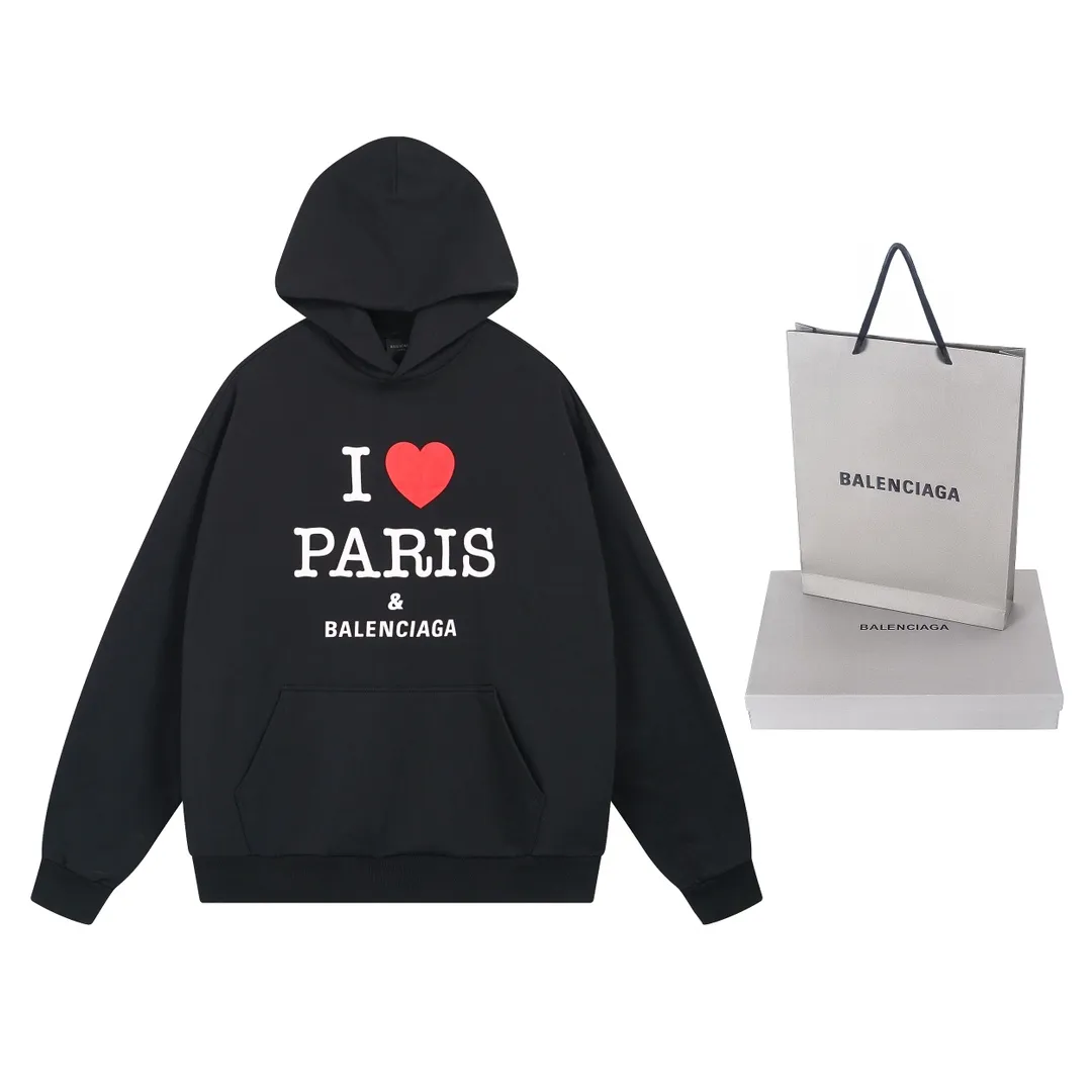 🅿️310 real photos [Top version. Official website quality] BALENCI*GA/Paris.SS24 latest model, front I Love Paris & Balenciaxx art print hooded sweatshirt. Brick cabinet synchronization. Genuine product developed in the first time, happy to print and compare! The fabric is made of Paris ZP custom-woven and dyed cotton sweatshirt. Weighing 460 grams, the cloth surface is clean. The cloth pattern is clear, soft and comfortable. The threads are dyed with no color difference. The printing uses environmentally friendly imported materials. The letters are clear and the effect is three-dimensional. The version adopts OS loose shoulder design. Same style for men and women. Code: BL238908 Color:: Black Size: XS S M L