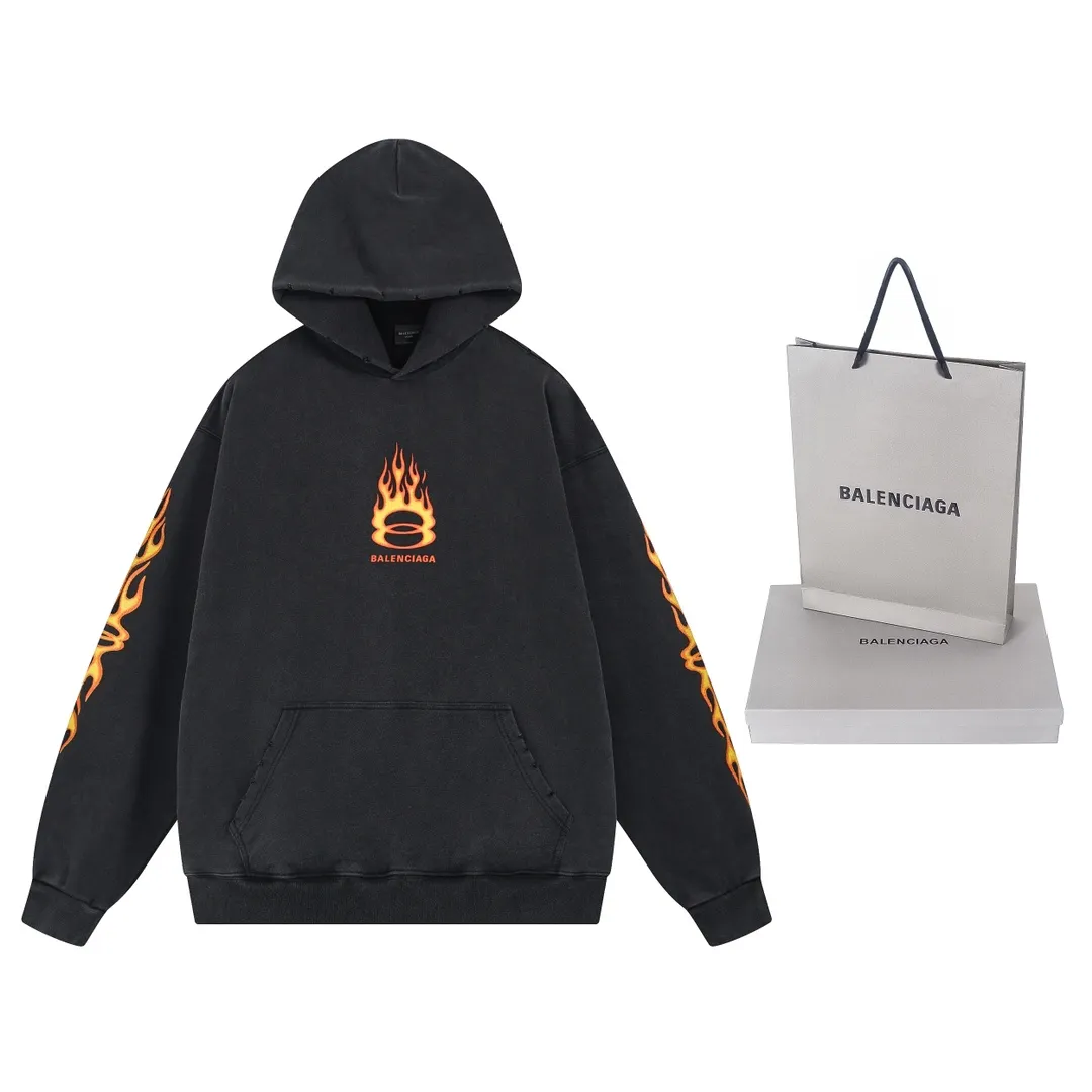 🅿️350 real photos [Top version. Official website quality] BALENCI*GA/Paris#.2024#Double Ring# Flame Direct Injection Printed Washed and Distressed Hooded Sweatshirt 2024 New Style. Genuine product developed at the first time, widely used in the market. Happy printing comparison! The fabric is made of Paris ZP custom-woven and dyed cotton sweatshirt. Weighing 460 grams, the cloth surface is clean. The cloth pattern is clear, soft and comfortable. The threads are dyed with no color difference. The printing uses environmentally friendly imported materials for direct printing, with clear patterns and three-dimensional effects. The entire garment is washed, distressed and worn. The version adopts OS loose shoulder design. Same style for men and women. Code: BL238937 Color: washed black Size: XS S M L
