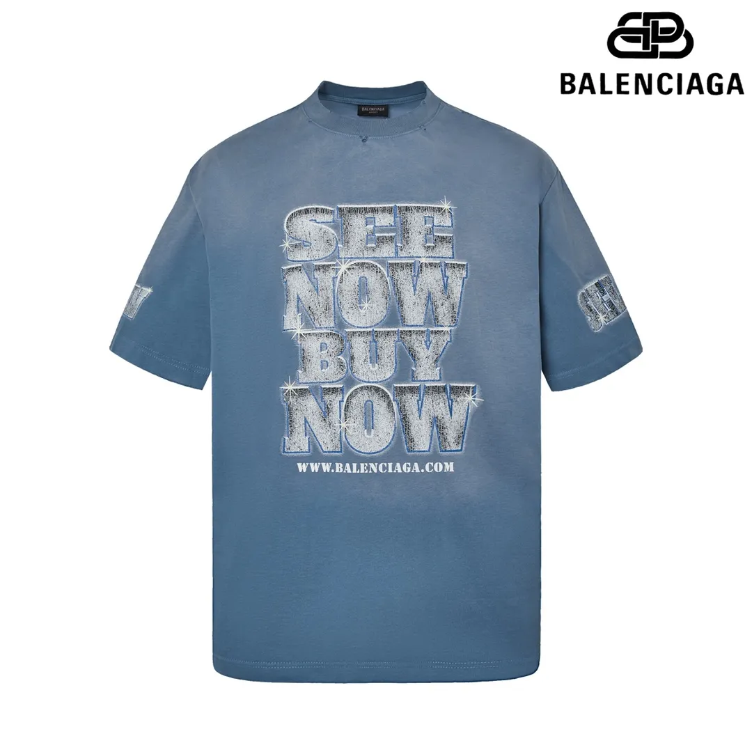 🅿️180 9126# Detailed picture Top version [[BALENCIA*GA] official website quality Paris new co-branded SEENOWBUYNOW diamond short-sleeved T-shirt OS version Loose dropped shoulders Unisex style Fabric: 260g 100% cotton double yarn Craftsmanship: front and rear panels left and right sleeve printing Garment wash worn distressed fixed color Color: washed black washed blue white Size: XS S M L