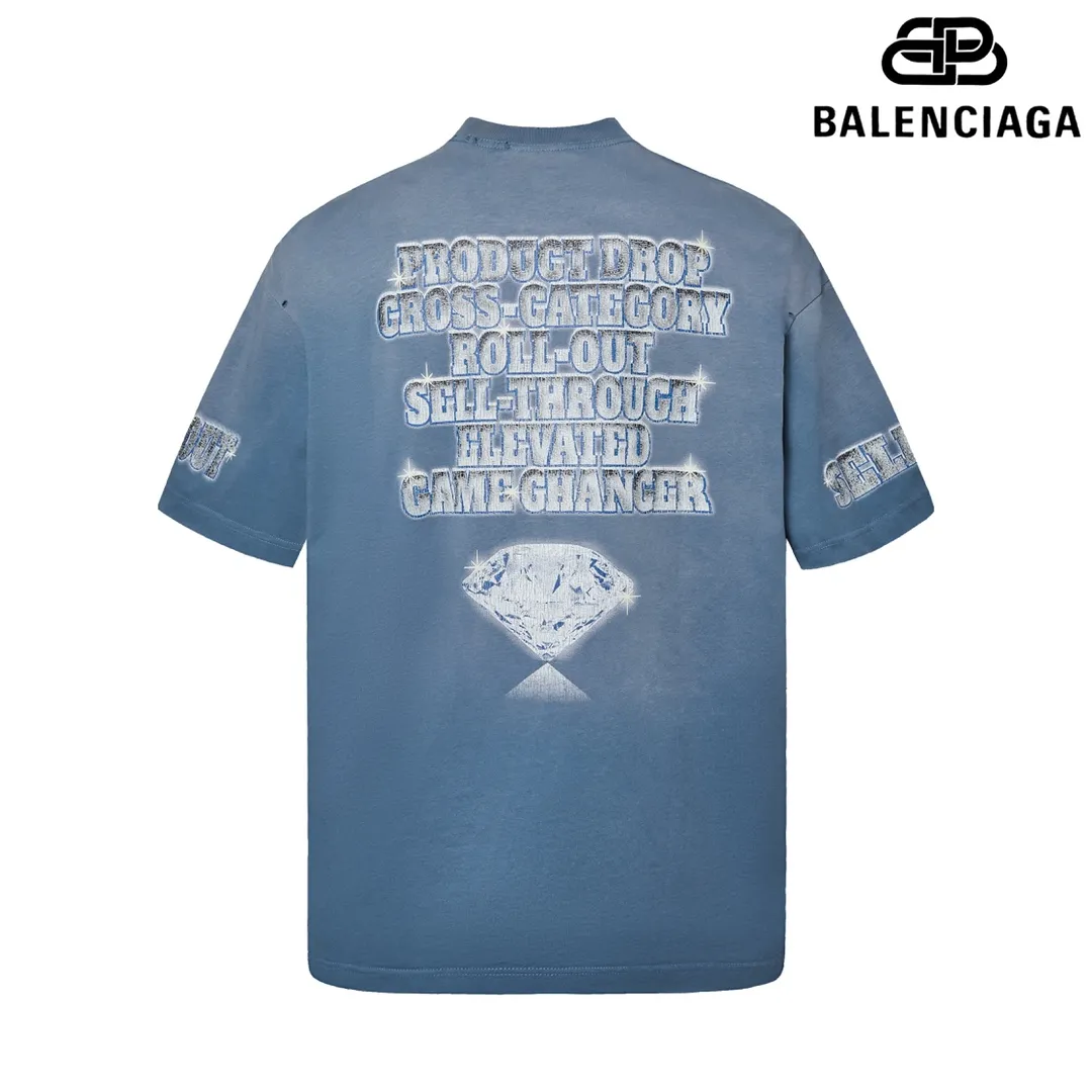 🅿️180 9126# Detailed picture Top version [[BALENCIA*GA] official website quality Paris new co-branded SEENOWBUYNOW diamond short-sleeved T-shirt OS version Loose dropped shoulders Unisex style Fabric: 260g 100% cotton double yarn Craftsmanship: front and rear panels left and right sleeve printing Garment wash worn distressed fixed color Color: washed black washed blue white Size: XS S M L