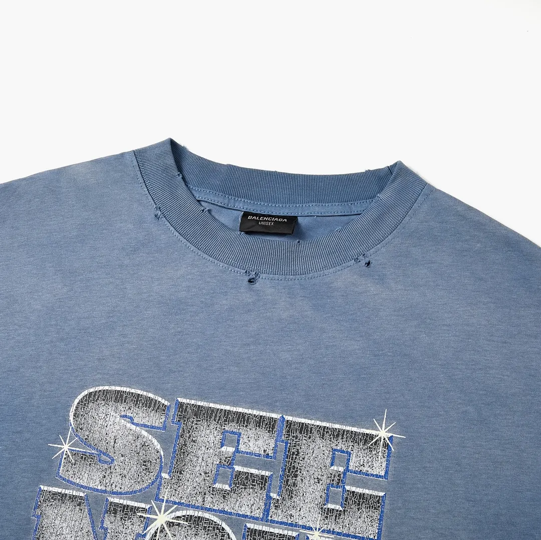 🅿️180 9126# Detailed picture Top version [[BALENCIA*GA] official website quality Paris new co-branded SEENOWBUYNOW diamond short-sleeved T-shirt OS version Loose dropped shoulders Unisex style Fabric: 260g 100% cotton double yarn Craftsmanship: front and rear panels left and right sleeve printing Garment wash worn distressed fixed color Color: washed black washed blue white Size: XS S M L