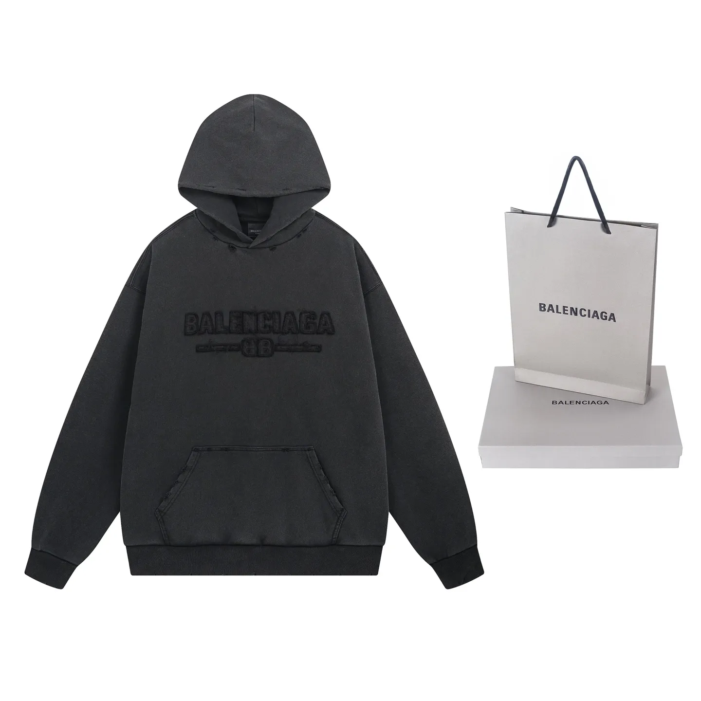 🅿️340 real photos [Top version. Official website quality] BALENCI*GA/Paris #2025 new style washed hooded sweatshirt with letter LOGO chest patch embroidery, ready-to-wear washed and worn, full of design. Welcome to compare. The fabric is made of Paris ZP custom-woven and dyed cotton. The weight is 460 grams. The cloth surface is clean. The cloth pattern is clear, soft and comfortable. The threads are dyed with no color difference. The classic letter LOGO is embroidered with imported Tajima embroidery machine. The effect is three-dimensional. Restore the brick cabinet, adopt OS loose shoulder style. Same style for men and women. Code: BL258960 Color: washed black Size: XS S M L