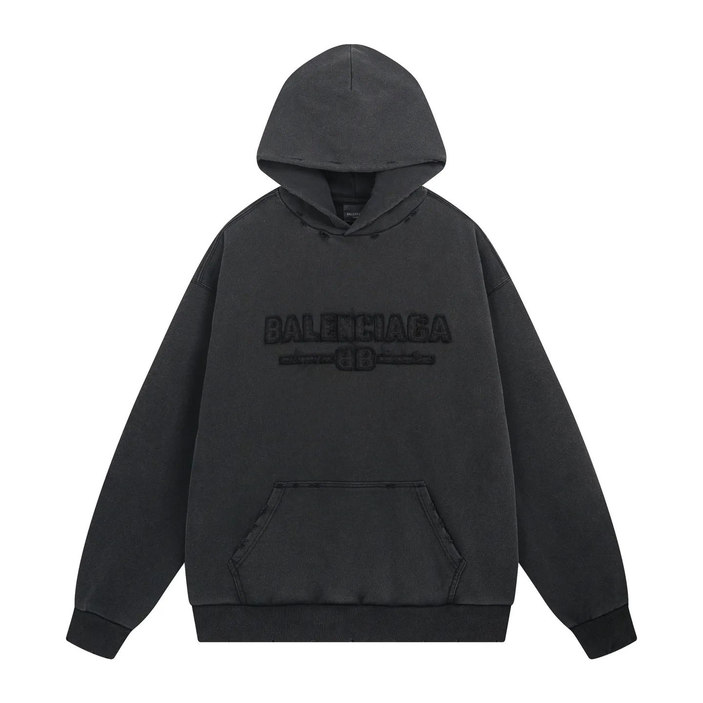 🅿️340 real photos [Top version. Official website quality] BALENCI*GA/Paris #2025 new style washed hooded sweatshirt with letter LOGO chest patch embroidery, ready-to-wear washed and worn, full of design. Welcome to compare. The fabric is made of Paris ZP custom-woven and dyed cotton. The weight is 460 grams. The cloth surface is clean. The cloth pattern is clear, soft and comfortable. The threads are dyed with no color difference. The classic letter LOGO is embroidered with imported Tajima embroidery machine. The effect is three-dimensional. Restore the brick cabinet, adopt OS loose shoulder style. Same style for men and women. Code: BL258960 Color: washed black Size: XS S M L