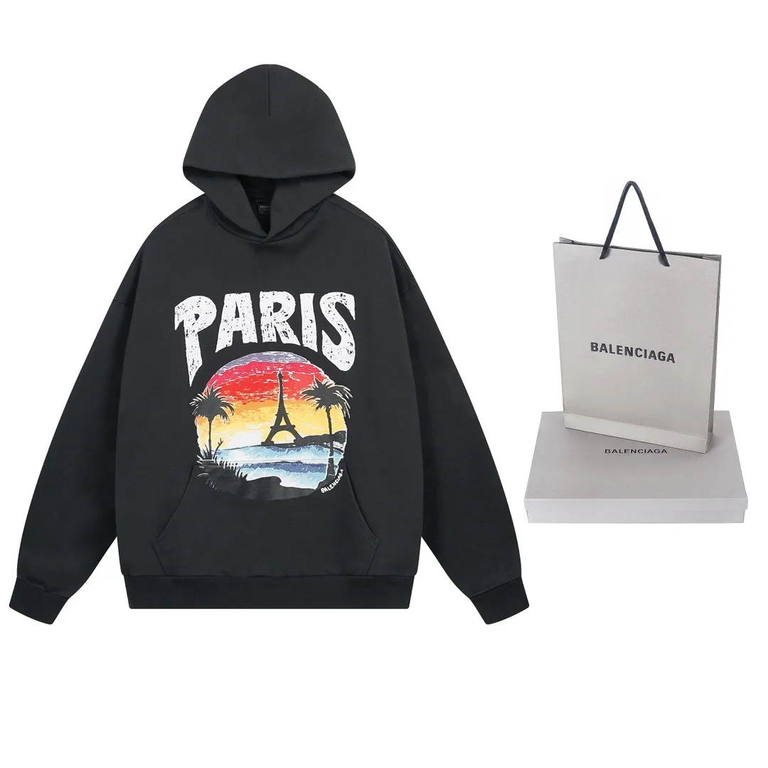 🅿️320 real photos [Top version. Official website quality] BALENCI*GA/Paris. Hawaiian sunset coconut palm tower LOGO pattern direct-printed hooded sweatshirt. Brick cabinet synchronization. The fabric is made of Paris ZP custom-woven and dyed cotton sweatshirt. The weight is 460 grams. The cloth surface is clean. The cloth pattern is clear, soft and comfortable. The threads are dyed with no color difference. The classic pattern printing uses imported machine direct printing. The effect is three-dimensional and restores the brick cabinet. Different market currencies, welcome to compare. The version adopts OS loose shoulder design. Same style for men and women. Code: BL238920 Color: black, white Size: XS S M L