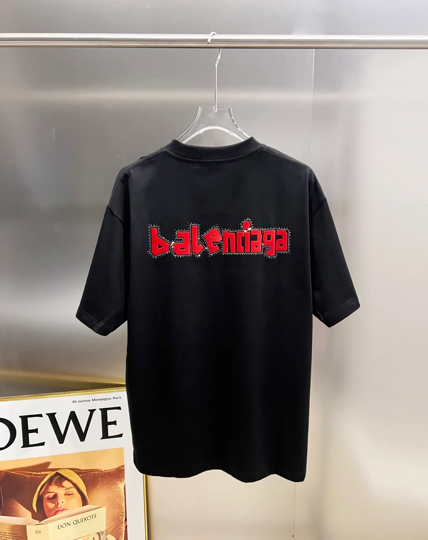 🅿️190 BAL Balenciaga 2025 autumn and winter new short-sleeved T-shirt, classic logo printing + hot diamond process, same style for men and women, loose version, S M L XL XXL, five sizes, color: black, white, Angora red